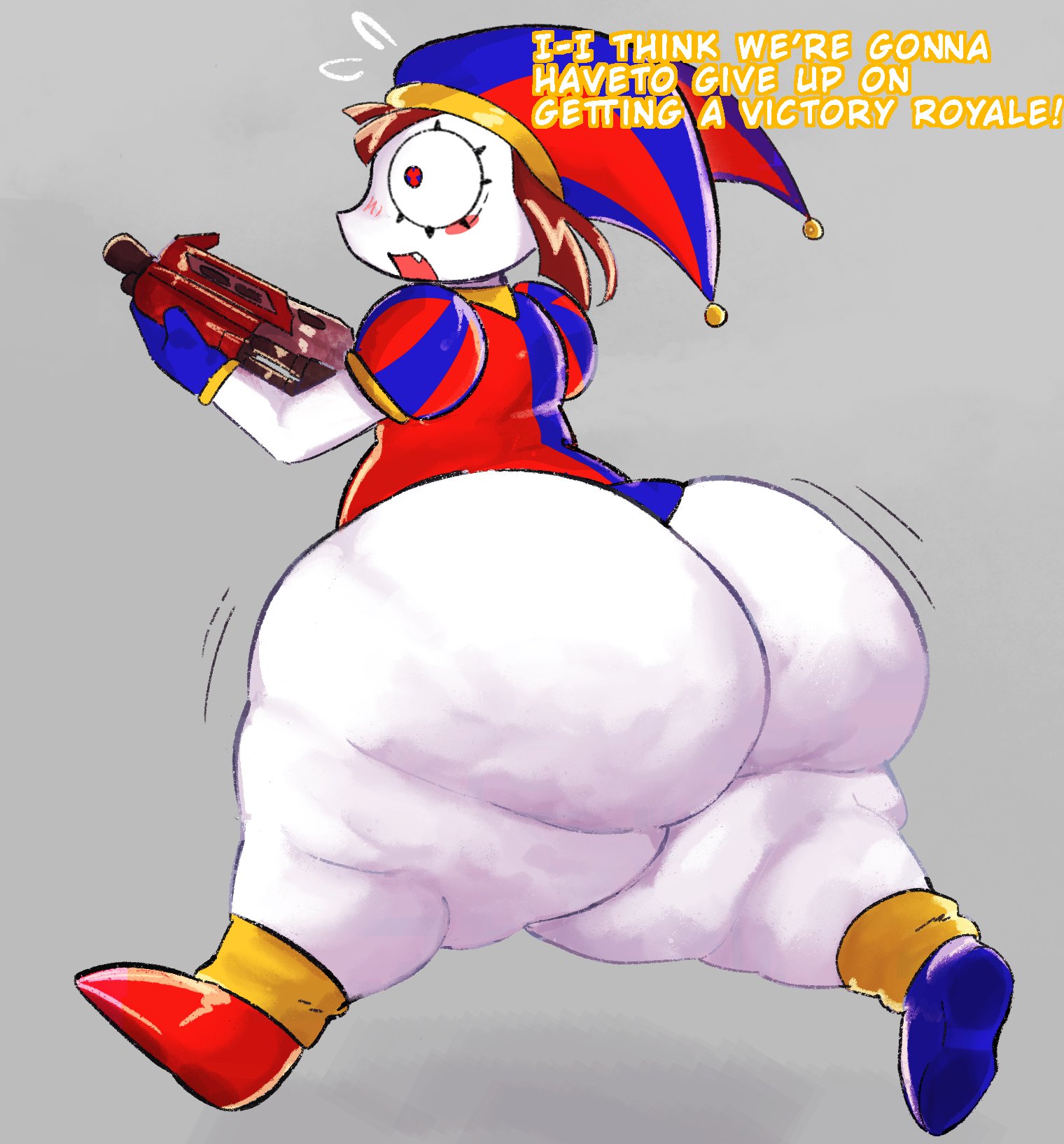 1girls, ass, brown hair, english text, female, female focus, female only, fortnite, fortnite: battle royale, glitch productions, gloves, gummyfruitcup, gun, hips, hyper, hyper ass, jester, jester girl, jester hat, jester outfit, large ass, pomni (the amazing digital circus), running, scared, scared expression, solo, text, the amazing digital circus, thick thighs, thighs, weapon, white skin, wide hips
