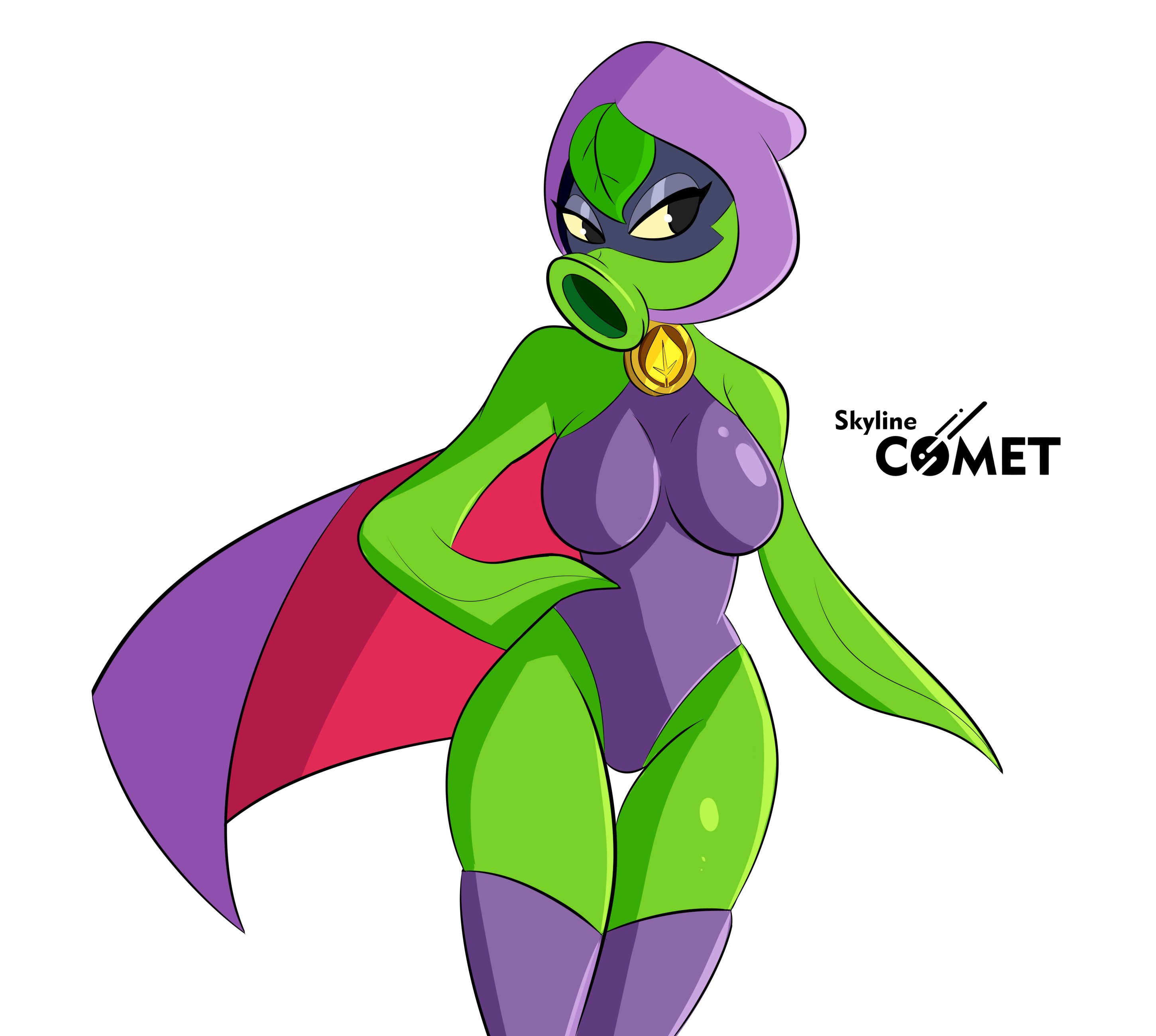 1girls, breasts, cape, female, female only, flora fauna, green shadow (pvz), green skin, hand on hip, peashooter (pvz), plant, plant girl, plant humanoid, plantie, plants vs zombies, plants vs zombies: heroes, popcap games, pvz, skyline comet, solo, solo female, tagme