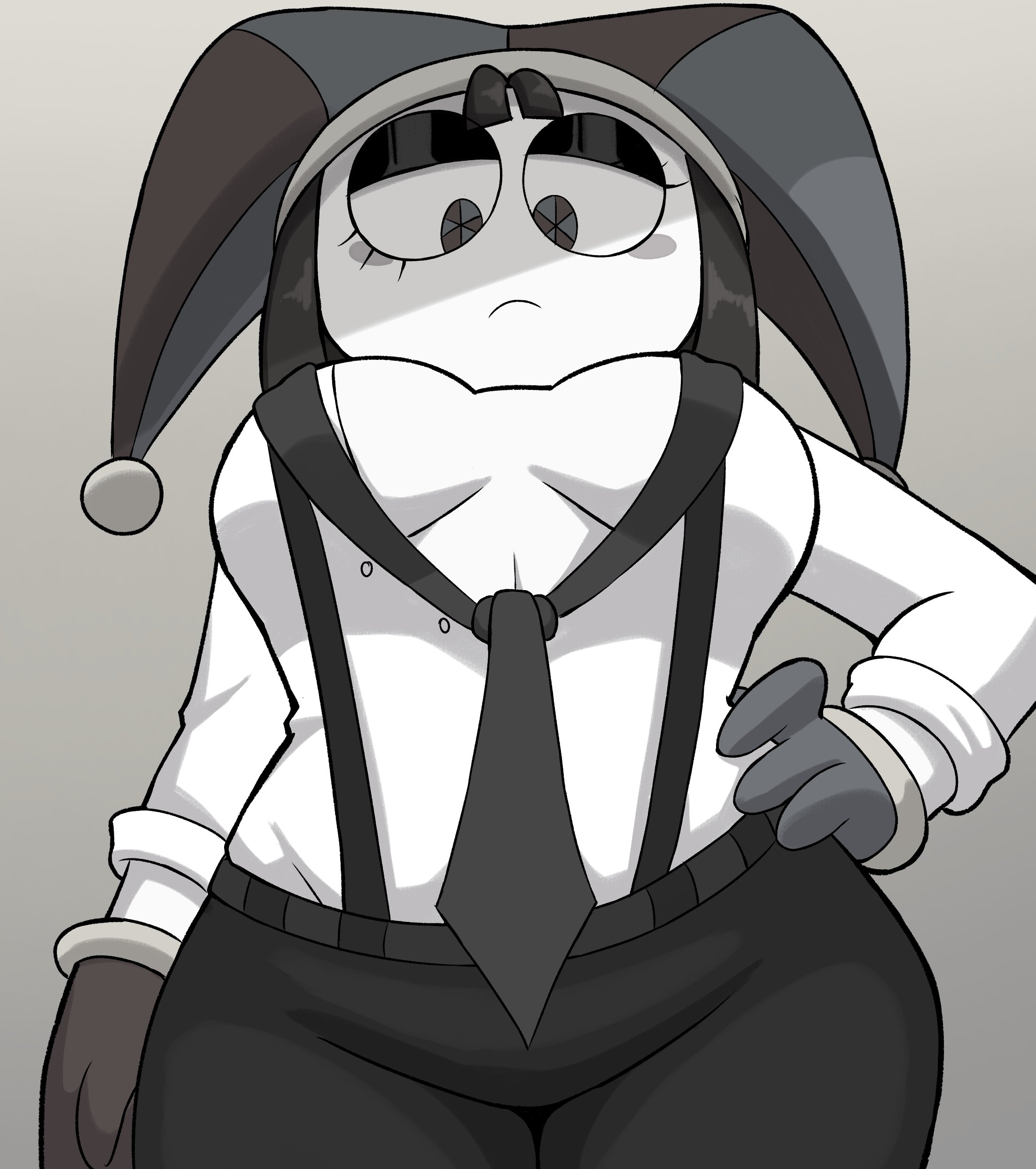 1girls, big breasts, black and white, breasts, busty, female, grayscale, greyscale, large breasts, low-angle view, pomni (the amazing digital circus), sexy, simple background, sketchfins, solo, solo female, tagme, the amazing digital circus, thick thighs, viewed from below, worms-eye view