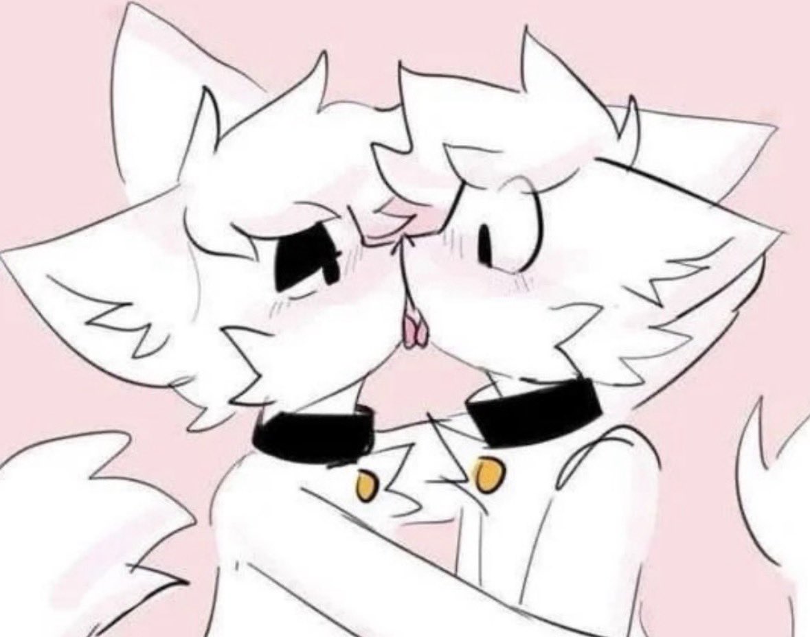 2boys, anthro, boy, boykisser, boys, collar, cute, duo, femboy, fur, furry, gay, kissing, looking at another, silly cat (mauzymice), simple background, skipper pupp, twink, white fur