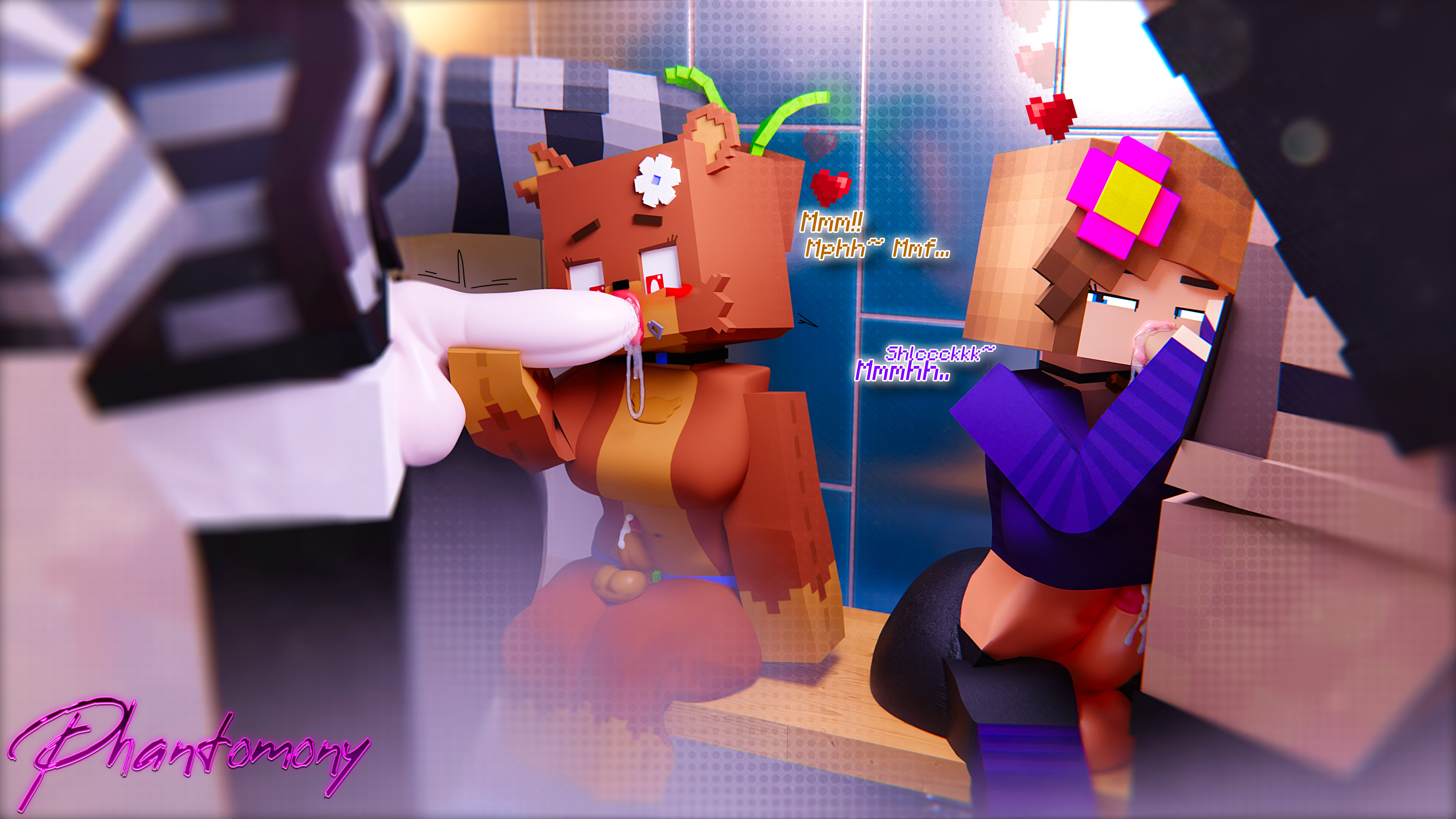 3d, anthro, bia prowell (slipperyt), cum, fellatio, front view, furry, futa on futa, futanari, hung bottom, jenny belle (slipperyt), minecraft, phantomony