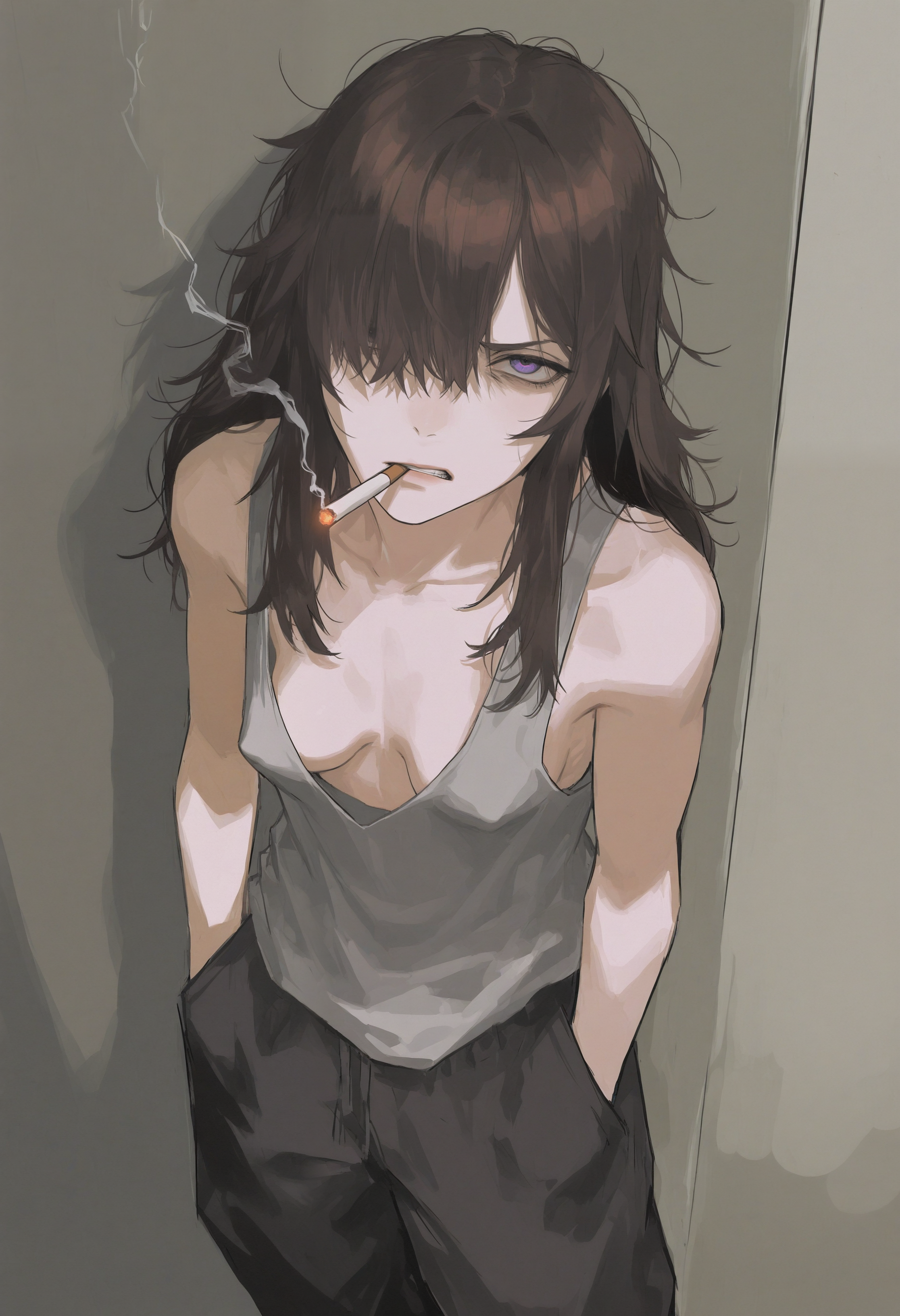 1girls, ai generated, baggy pants, brat, cigarette, covered nipples, kizirugai, long hair, looking at viewer, no bra, original, original character, perky breasts, petite, scowl, shortstack, small breasts, smoking, tagme, tank top, tiny
