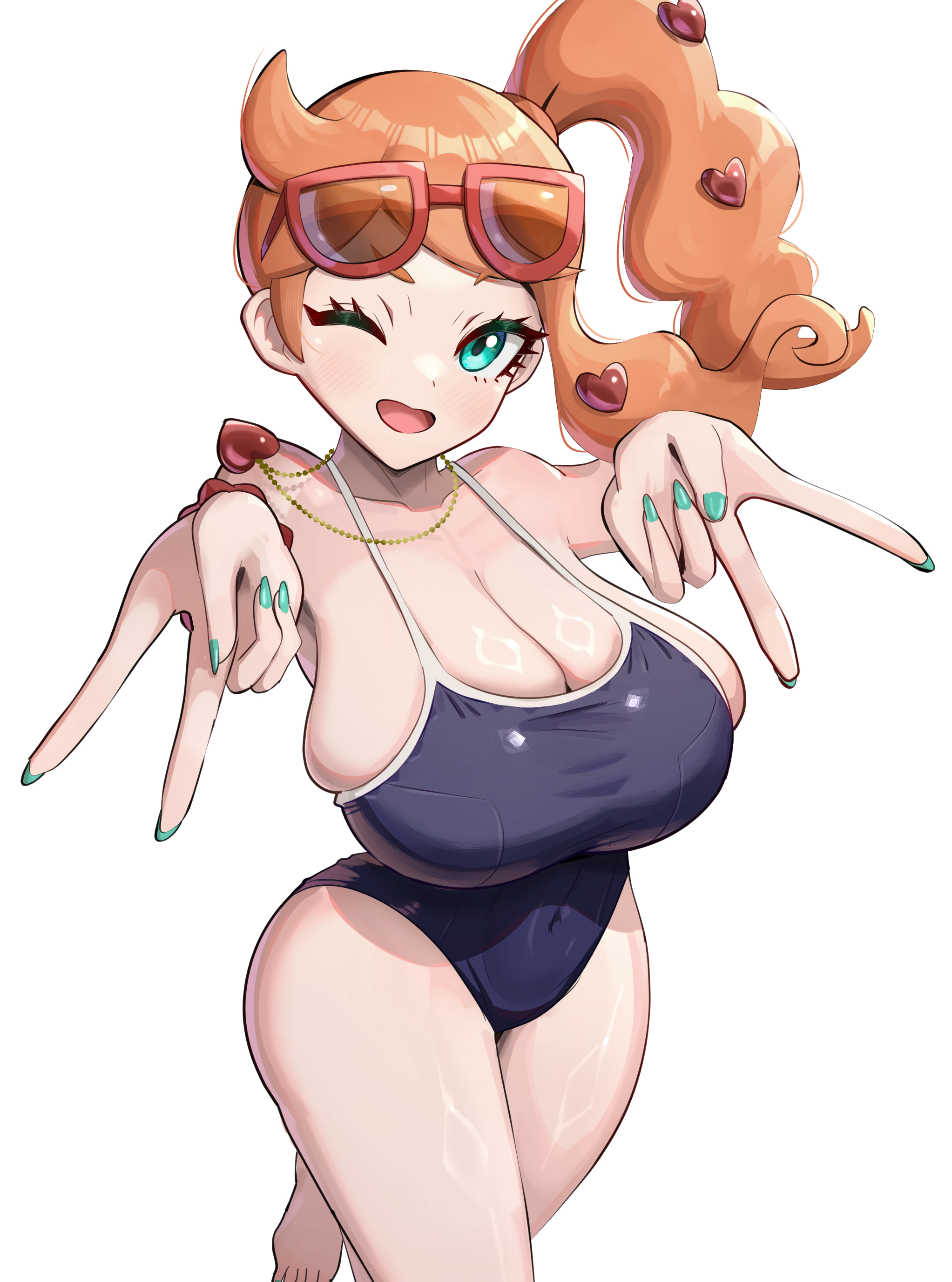 belly button, big breasts, ginger, gonzarez, necklace, orange hair, pokemon, pokemon ss, sonia (pokemon), sunglasses, swimsuit, teal eyes, teal nails, thick thighs, wide hips