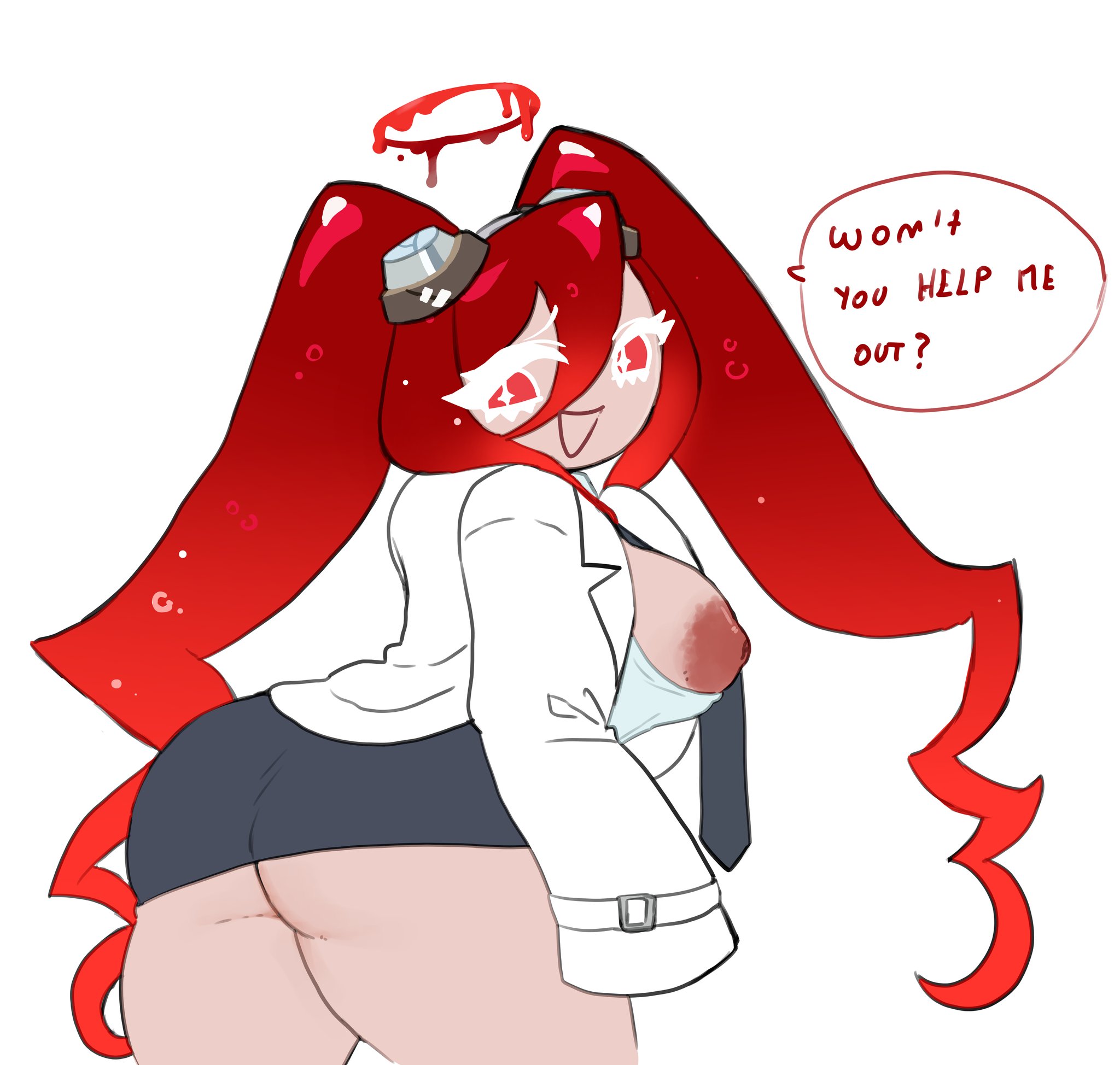 1girls, ass out, bottomless, breasts out, clothed, cookie run, cookie run kingdom, dialogue, exposed ass, exposed breasts, magpiered, magpieredd, necktie between breasts, partially clothed, povidone iodine cookie, talking to another, text bubble, unseen character