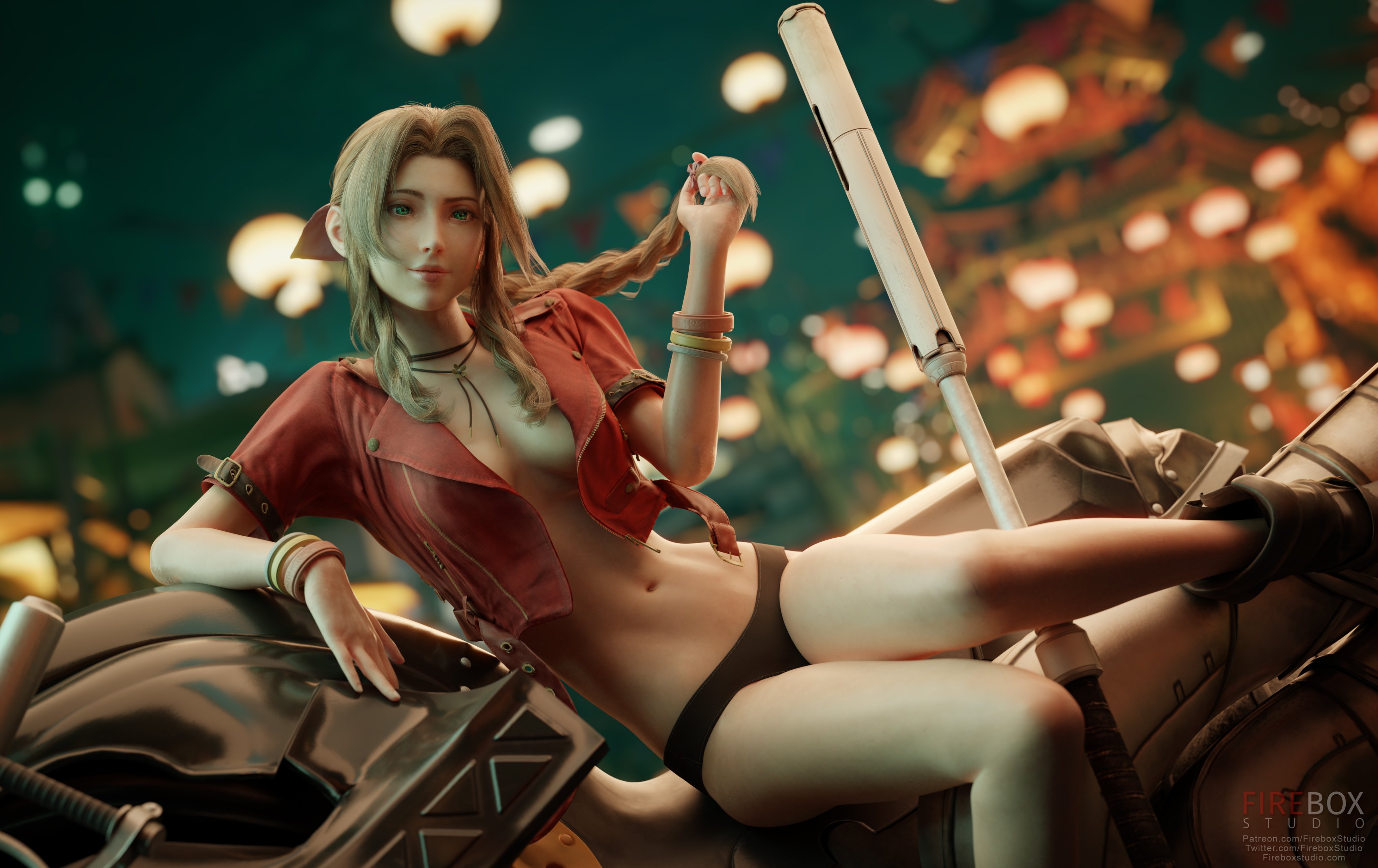 1girls, 3d, aerith gainsborough, bare legs, boots, braid, brown hair, female, female only, final fantasy, final fantasy vii, final fantasy vii remake, fireboxstudio, hair ribbon, jacket, jacket open, long hair, motorcycle, panties, playing with hair, posing, solo, square enix, tagme