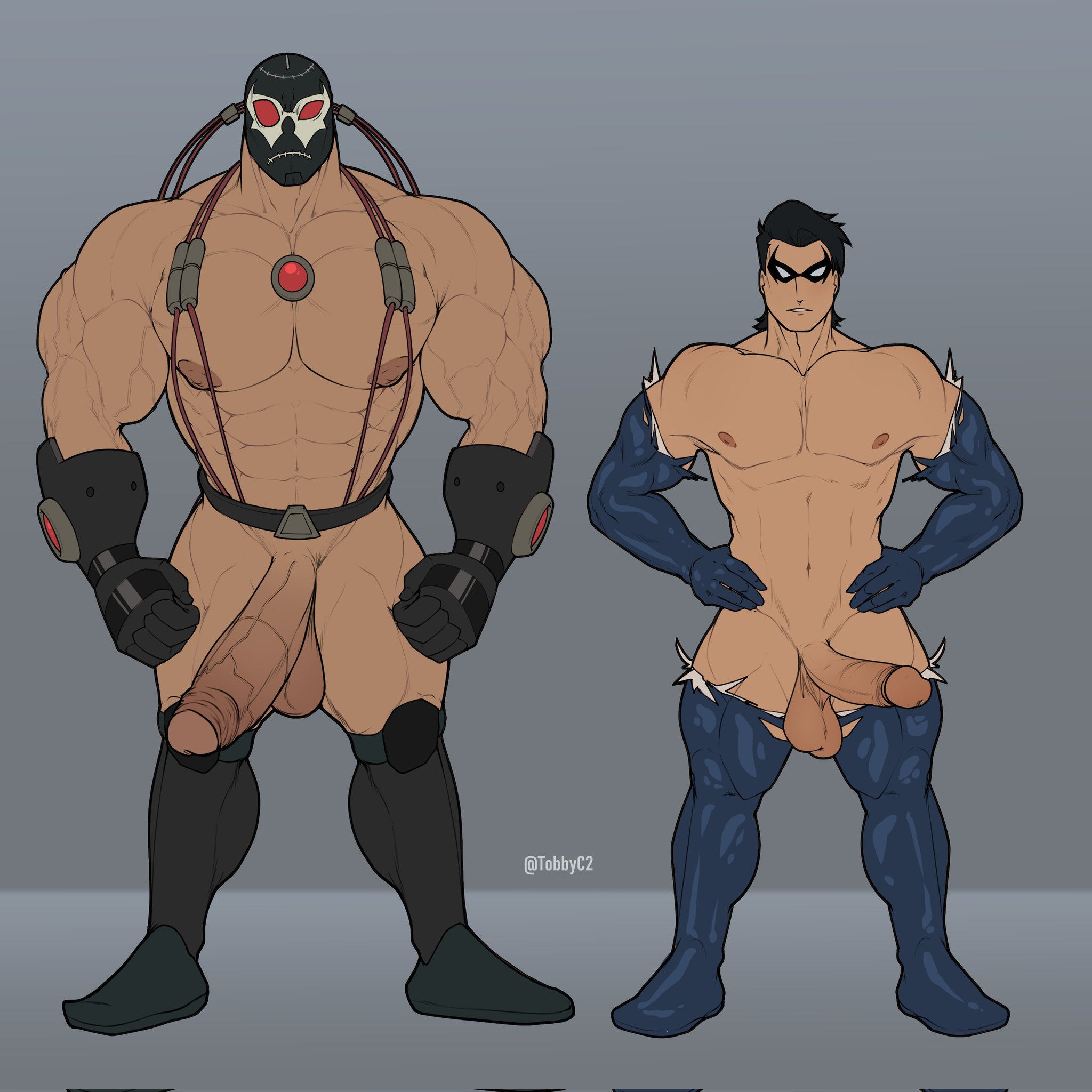 balls, bane, bara, big penis, cock, dc, dc comics, dick, dick grayson, foreskin, gay, male, male only, mask, masked, masked male, muscular, muscular male, navel, nightwing, nipples, penis, size difference, tobbyc2, uncircumcised, uncut