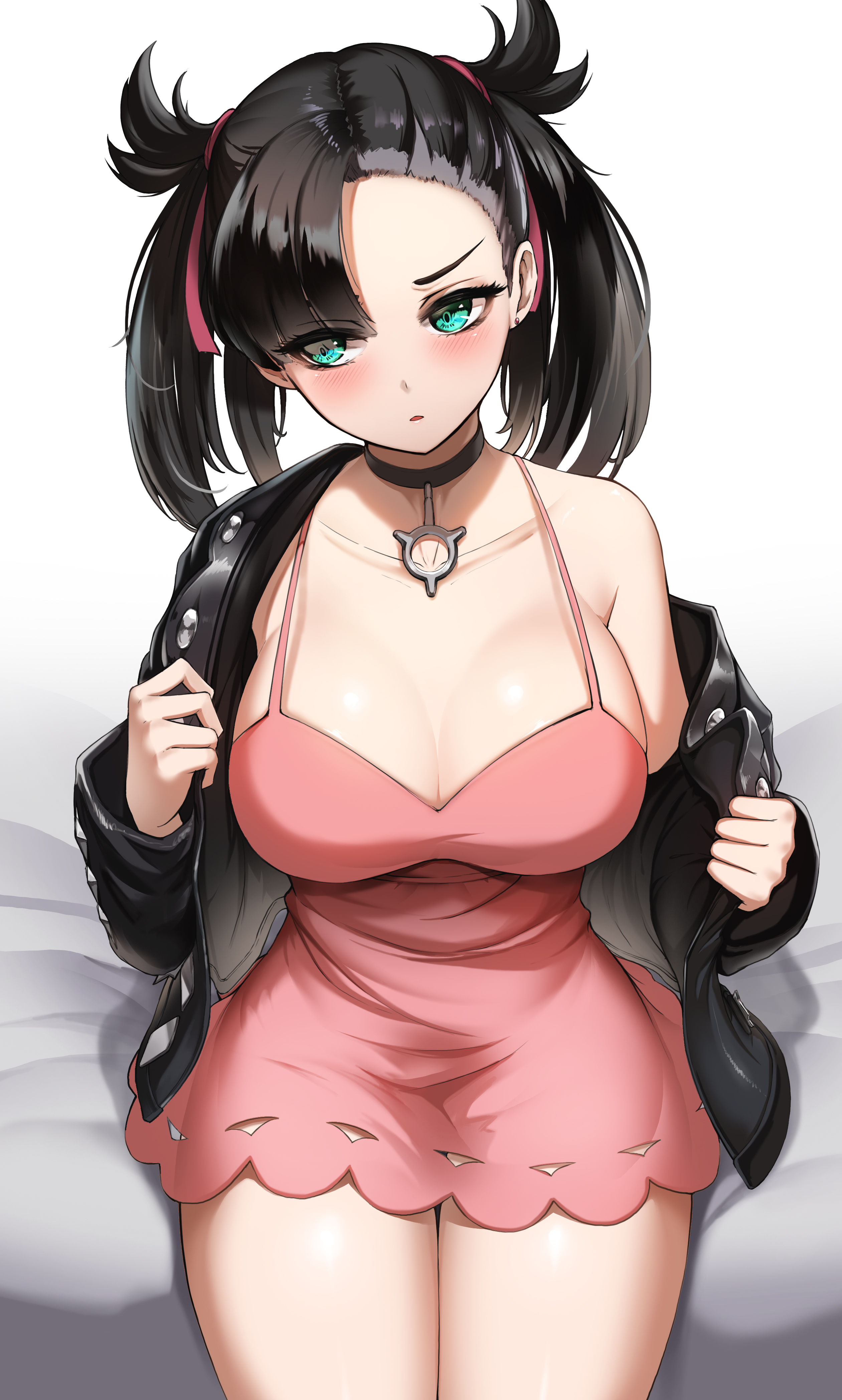 1girls, aged up, alternate breast size, black hair, blue eyes, blush, breasts, cleavage, dress, embarrassed, female, imminent sex, large breasts, looking away, marnie (pokemon), mingakk, nintendo, pokemon, pokemon ss, revealing clothes, shy, solo, solo female, tagme, thick thighs, twintails, undressing