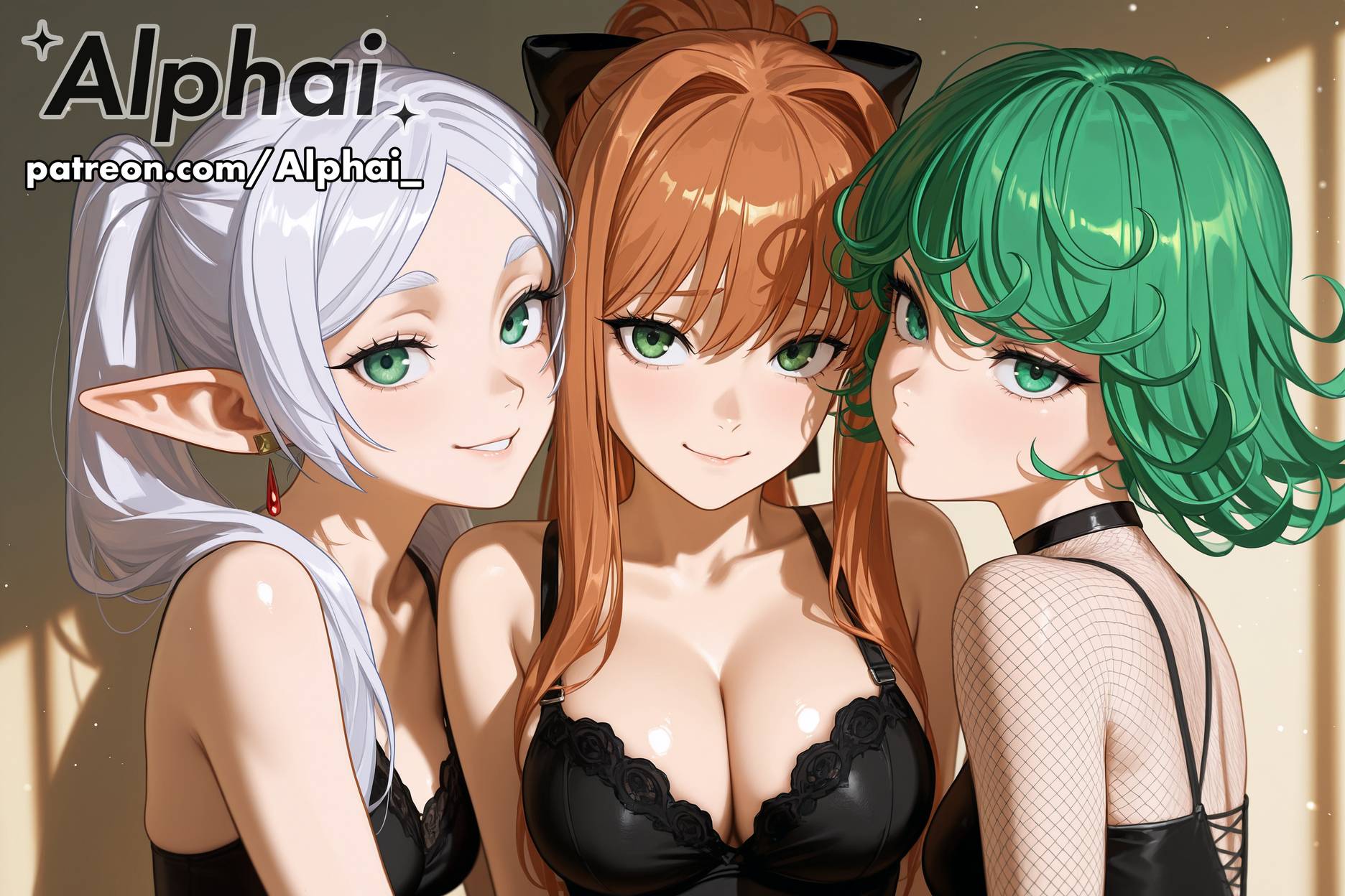 2025, 2026, 3girls, 4k, absurd res, absurdres, ai, ai art, ai assisted, ai generated, ai-created, ai-generated, alphai, alternate costume, blushing, cinematic lighting, close-up, colorful background, crossover, depth of field, detailed hair, detailed skin, detailled background, doki doki literature club, dramatic shadows, dynamic angle, eyelashes, eyeliner, female, female face, female only, fishnets, frieren, frieren (sousou no frieren), frieren beyond journey's end, green eyes, high quality, high resolution, highres, monika (doki doki literature club), multiple crossover, multiple girls, naughty face, one punch man, one-punch man, orange hair, particles, patreon, patreon link, patreon url, patreon username, raised eyebrows, seductive eyes, semirealistic, shiny skin, skindentation, tatsumaki, volumetric lighting, watermark