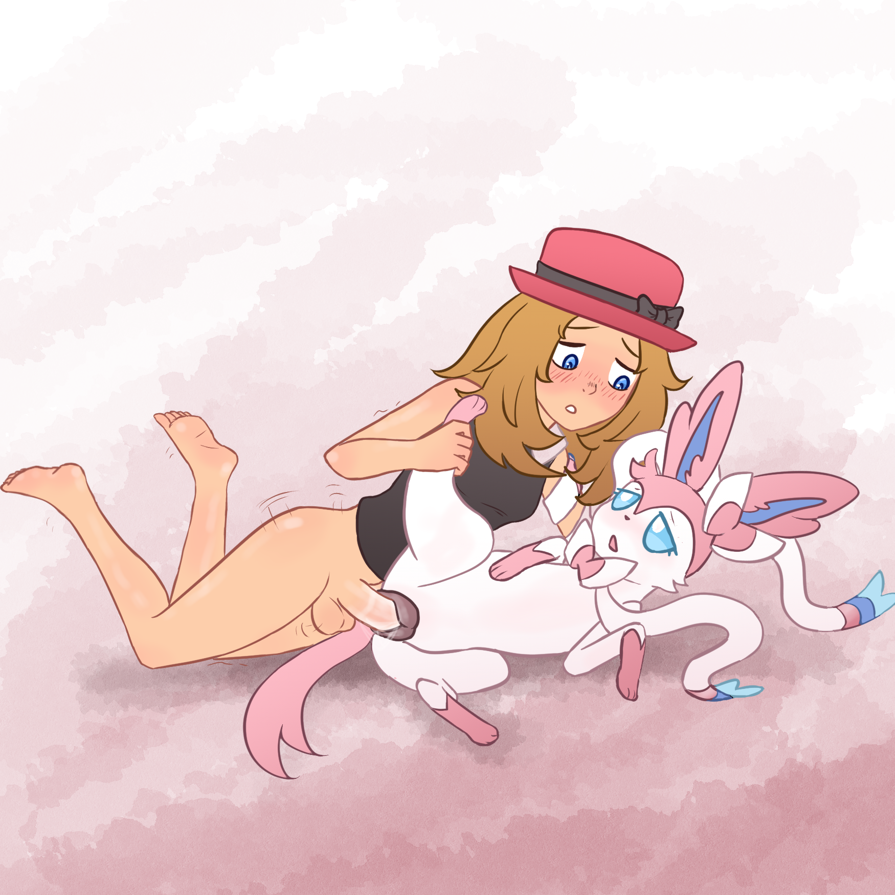 1futa, 1girls, alternate version available, bklo, bklocom, canine pussy, canine vulva, feral, feral penetrated, futa on female, futa on feral, futanari, grabbing, grabbing legs, half-dressed, lying, lying on side, pokemon, pokemon (species), pokephilia, serena (pokemon), sylveon, teenage girl, vagina, vaginal, vaginal fluids, vaginal penetration