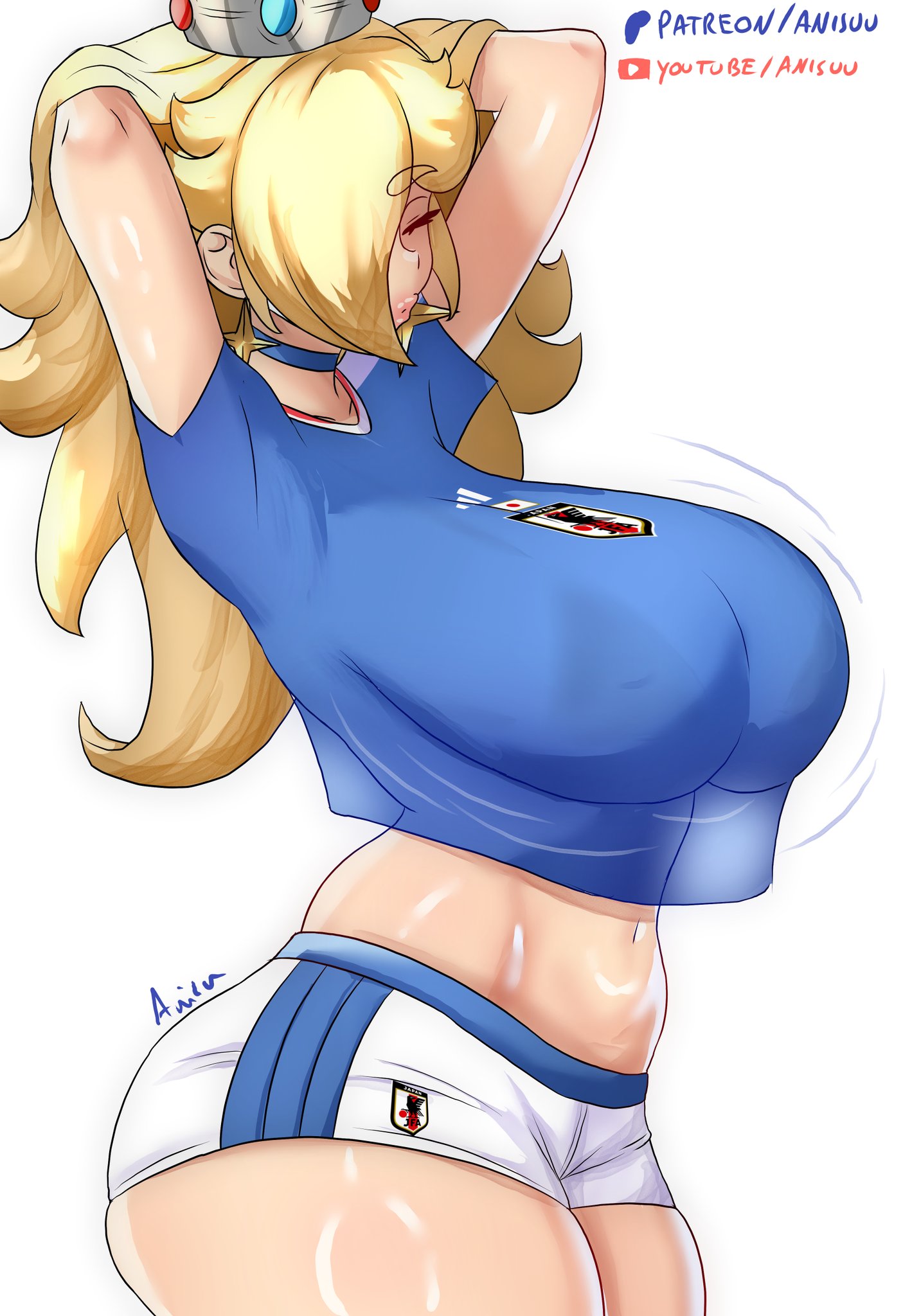 1girls, anisdrawn, ass, breasts, dress, english text, female, female focus, female only, japan, large ass, large breasts, light skin, light-skinned female, mario (series), nintendo, princess rosalina, solo, text, thick thighs, thighs, wide hips, world cup