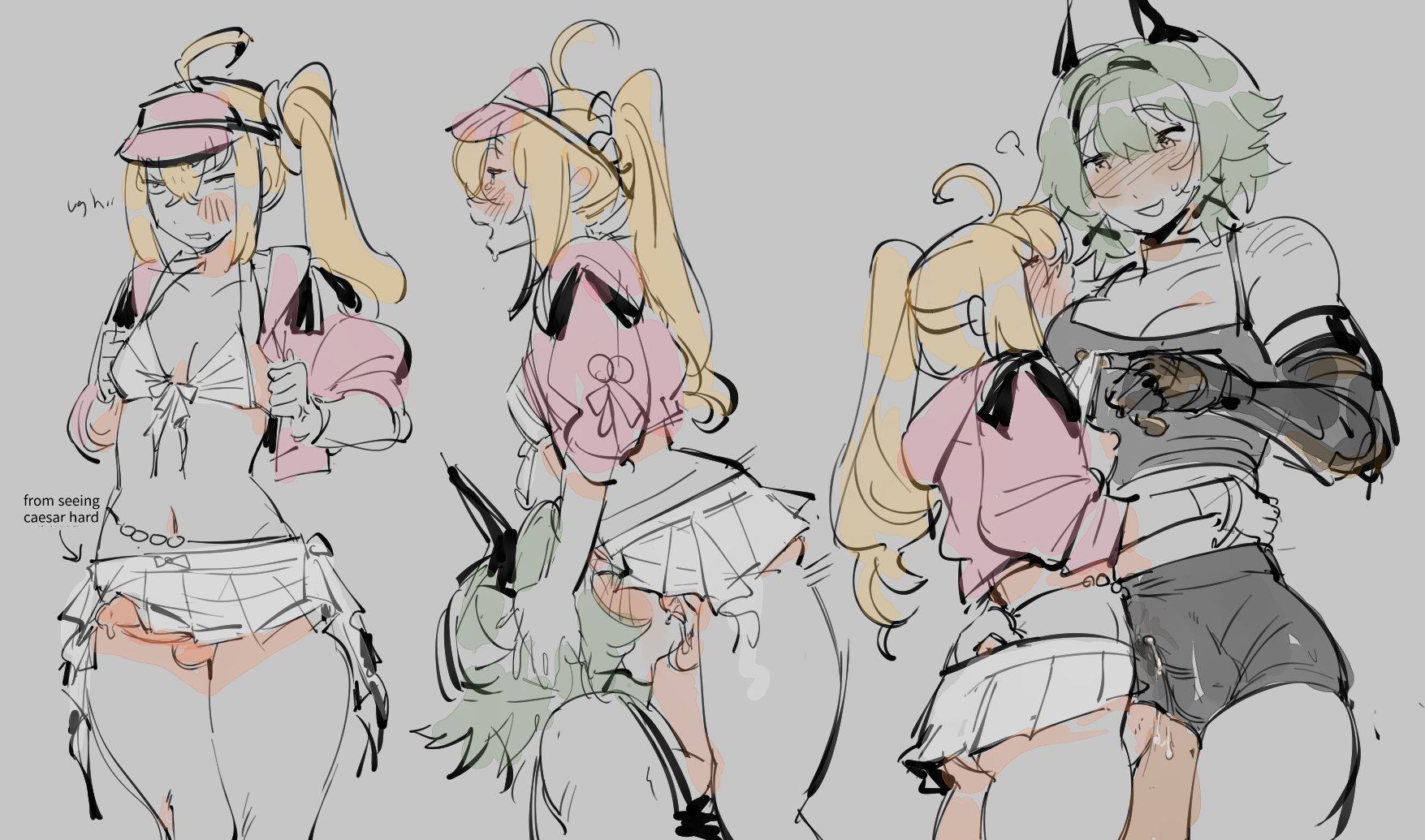 2futas, 3koma, bikini, blonde hair, blush, bulge, bulge through clothing, caesar king, futanari, green hair, luciana de montefio, luciana de montefio (princess on holiday), official alternate costume, penis out, petite, petite futa, precum, prosthetic arm, shorts, side ponytail, sketch, submissive, sweeter kiwiis, swimsuit, tagme, visor cap, zenless zone zero