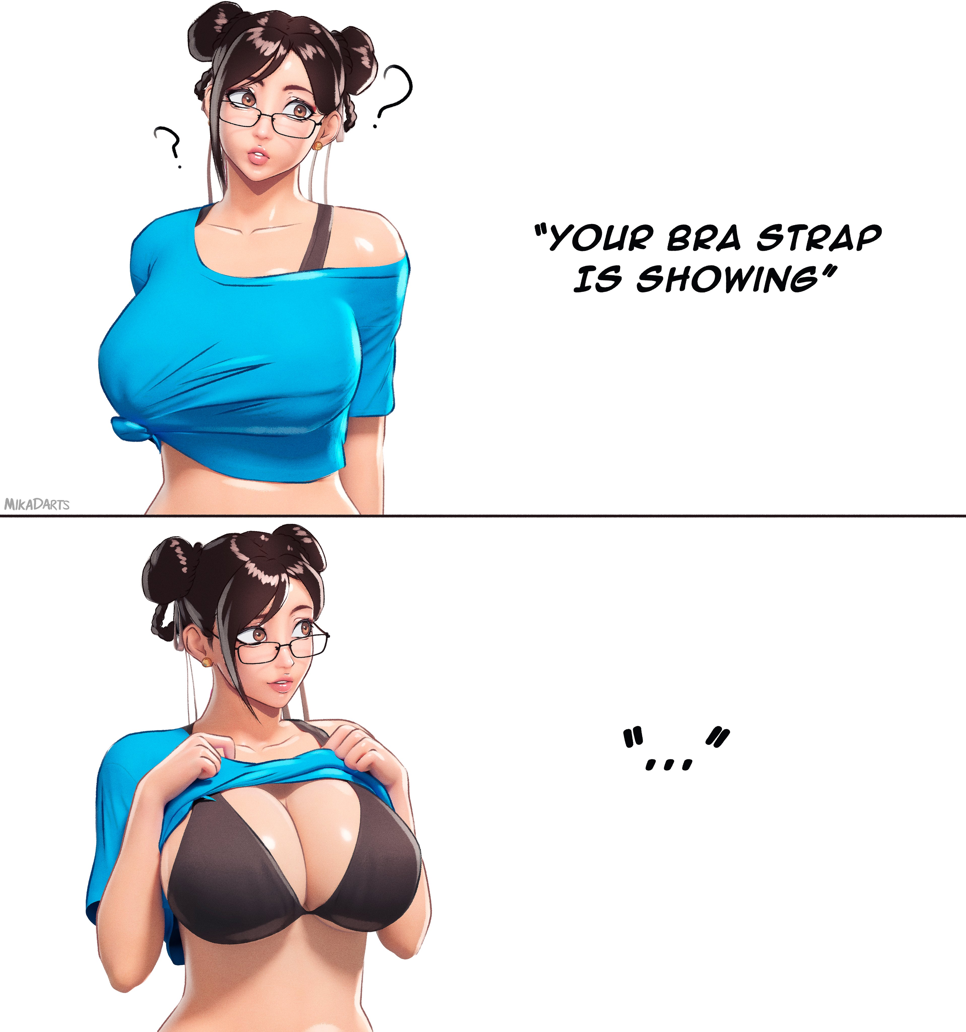 1girls, 3d, big breasts, bra strap is showing (meme), breasts focus, brown hair, chun-li, clothing, color, dialogue, english text, female, female focus, female only, glasses, huge breasts, lifting shirt, light skin, meme, meme reference, mikadawn, shirt up, showing bra, showing breasts, simple background, street fighter, street fighter 6, text, twitter link, white background