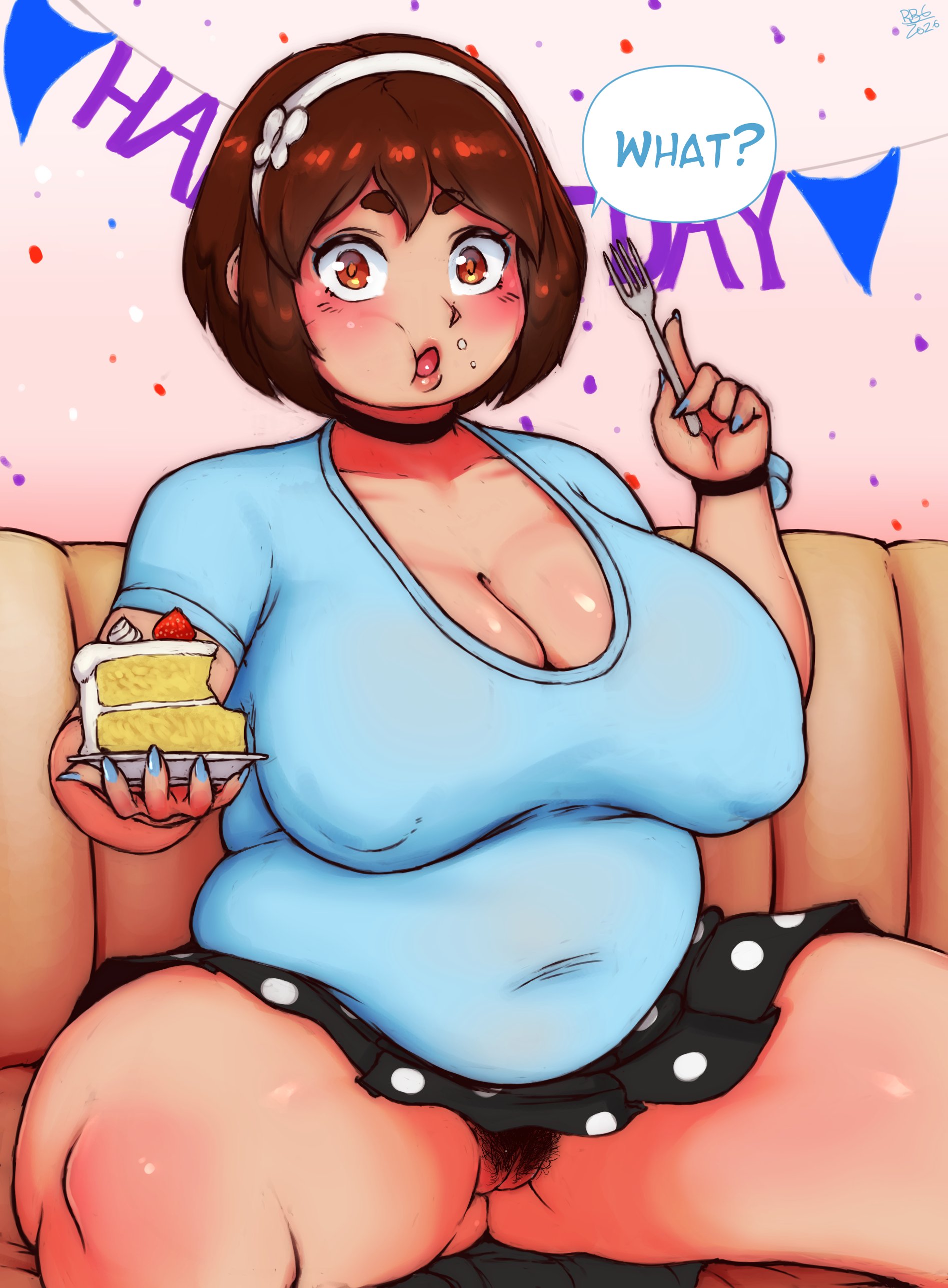 1girls, 2020, bbw, big breasts, big thighs, borrowed character, breasts, brown eyes, brown hair, cake, chubby, cleavage, clueless, curvy, eating, fat thighs, female, female only, fork, huge breasts, large breasts, looking at viewer, no panties, oblivious, original, overweight, overweight female, plump, plump belly, pubic hair, purin (lightsource), pussy, randomboobguy, short hair, short skirt, solo, speech bubble, spread legs, text, thick, thick thighs, undersized clothes, undersized clothing, visible pussy
