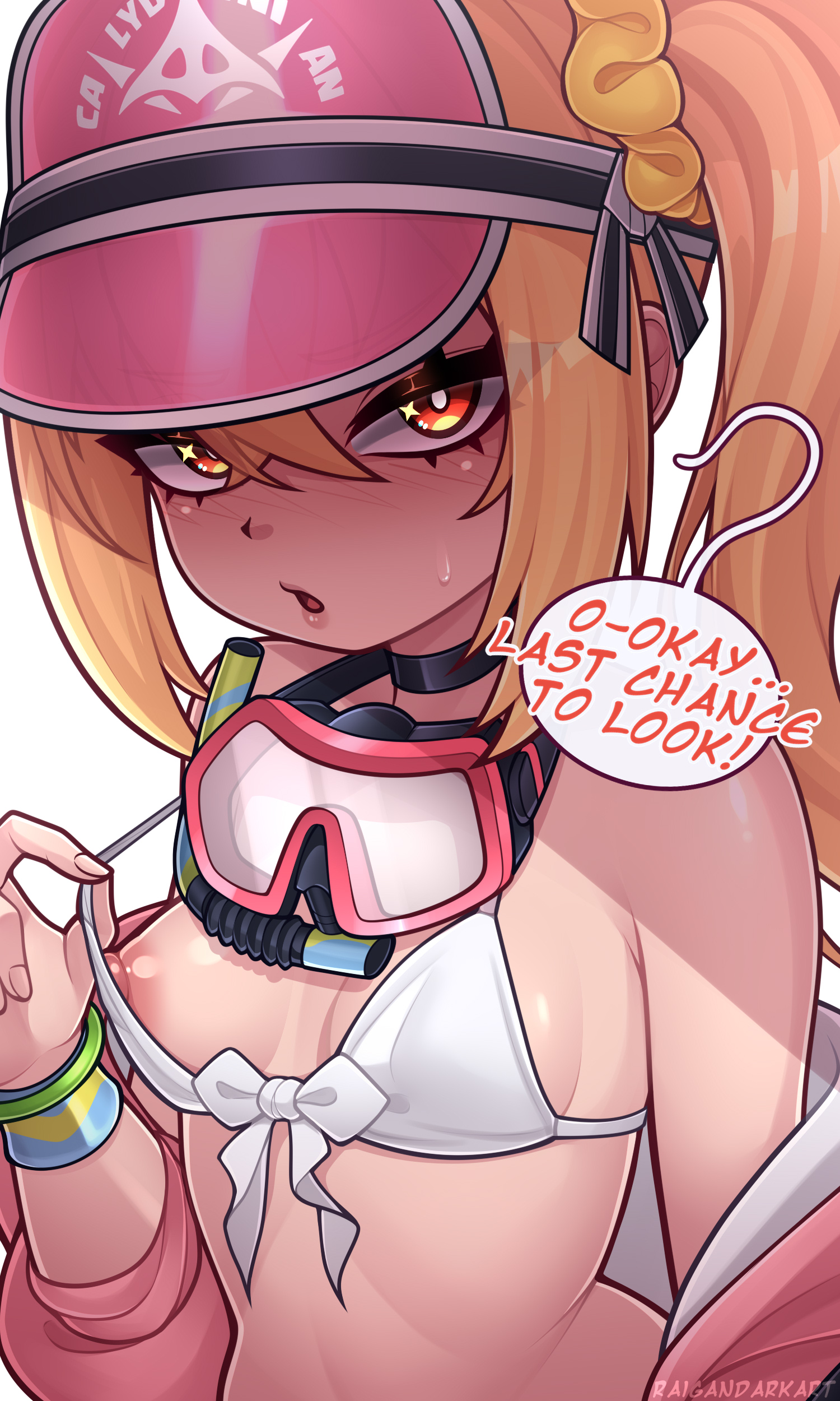 bikini, blonde female, blonde hair, bracelet, clothed, clothing, english text, female, female only, goggles, jacket, light skin, light-skinned female, looking at viewer, luciana de montefio, luciana de montefio (princess on holiday), lucy (zenless zone zero), nipples, official alternate costume, petite, petite female, ponytail, raigan draws, raigandraws, red eyes, side ponytail, small breasts, solo, solo female, swimsuit, text, visor cap, white bikini, zenless zone zero