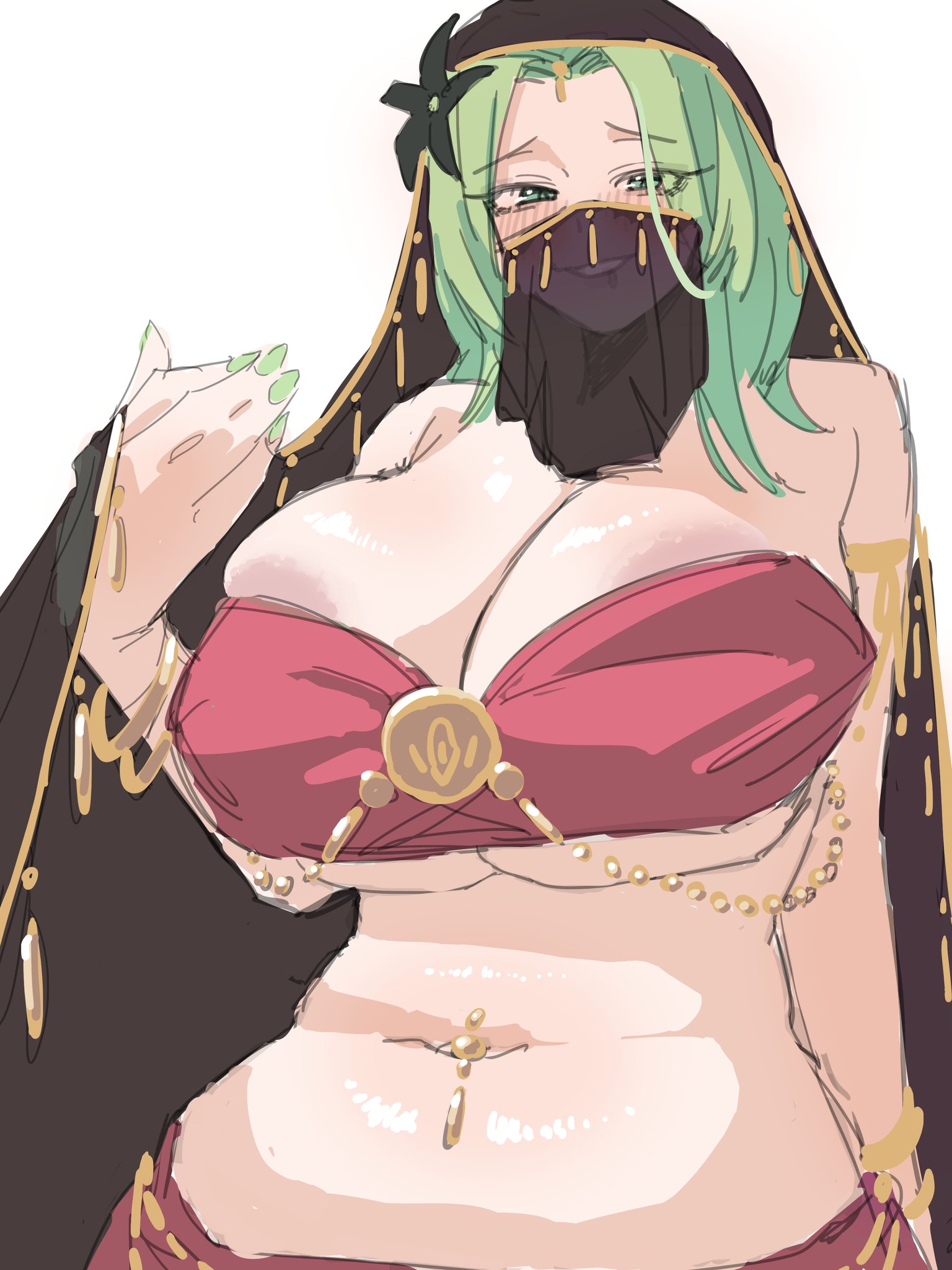 belly button piercing, big breasts, black flower, black veil, blush, dancer outfit, flower in hair, green hair, green nails, isolde (zenless zone zero), plump, veil, wish44, zenless zone zero