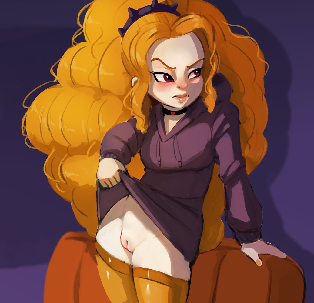 1girls adagio_dazzle angry busty collar equestria_girls female female_focus female_only gekasso hidden_curves hoodie hourglass_figure long_hair my_little_pony nude nude_female nudity orange_hair pinup pinup_pose ponytail pose posing pussy red_eyes shirt_lift solo stockings tagme thighhighs wide_hips