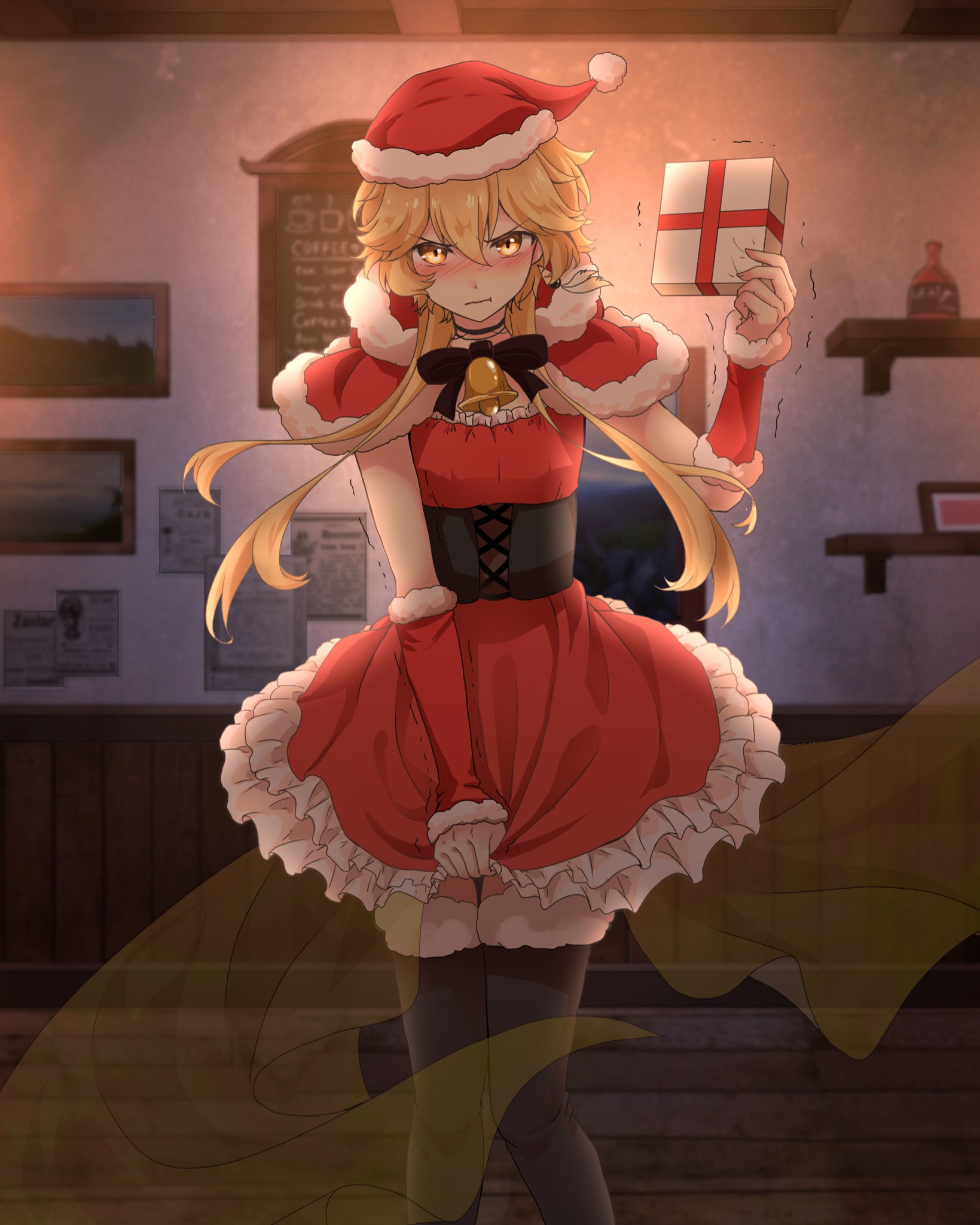 1boy, aether (genshin impact), artist request, blonde hair, christmas, crossdressing, femboy, genshin impact, long hair, male, male only, present, santa costume, santa hat, yellow eyes