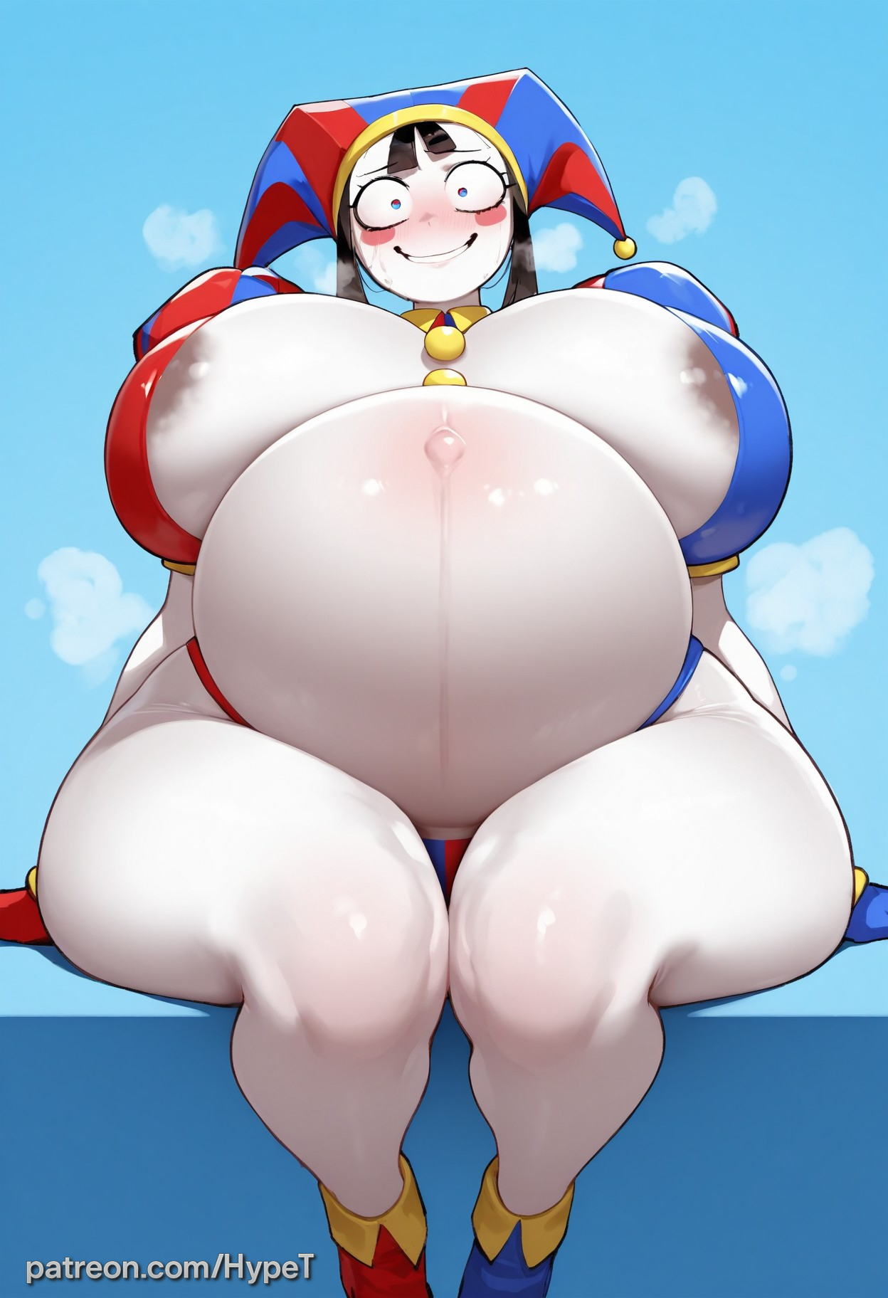 1girl, ai generated, alternate version at source, big ass, big breasts, big butt, big eyes, big hips, blush, breasts, child bearing hips, fortnite, fortnite: battle royale, hips wider than shoulders, huge ass, huge breasts, hypet, jester, jester cap, jester costume, jester girl, jester hat, jester outfit, pale skin, pale-skinned female, pomni (the amazing digital circus), pregnant, shiny, shiny skin, simple background, sitting, sling bikini, steam, steaming body, tagme, the amazing digital circus, thick, thick ass, thick hips, thick legs, thick thighs, thighs, wide hips