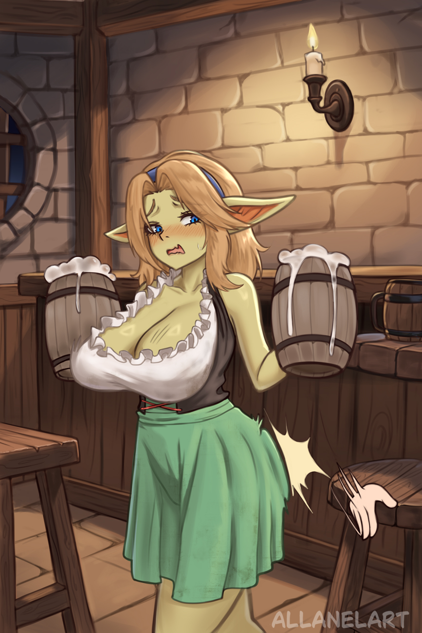1girls, 1goblin, allanel, ass smack, barmaid, barmaid outfit, big breasts, big ears, blonde hair, blue eyes, blush, clothed, clothed female, clothing, disembodied hand, drooping breasts, embarrassed, embarrassed clothed female, embarrassed female, goblin, goblin ears, goblin female, goblin girl, goblinification, green skin, hairband, heavy breasts, hi res, high resolution, highres, large breasts, league of legends, luxanna crownguard, no body hair, permanent transformation, riot games, scaroused, shortstack, smacking ass, species transformation, tavern, tavern background, tavern wench, thick thighs, transformation