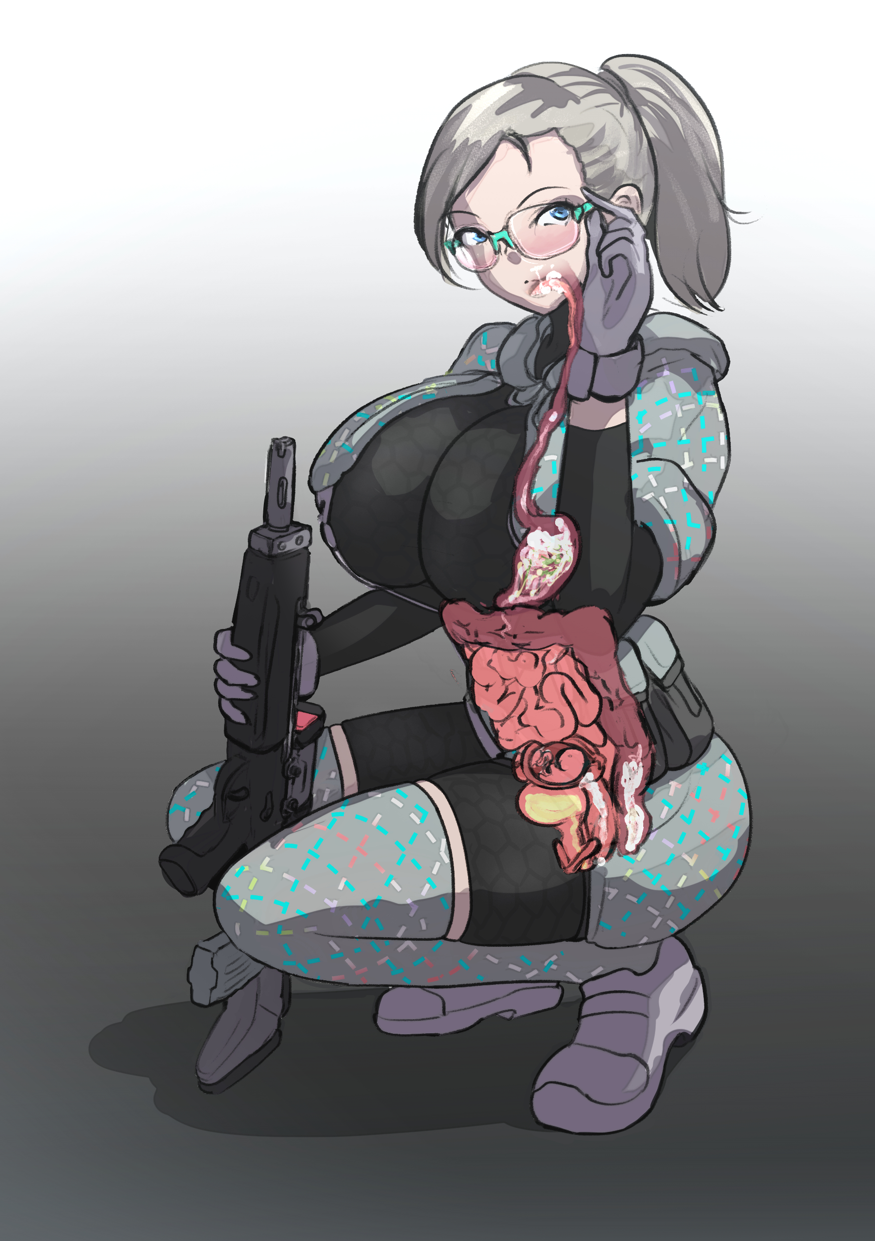 1girls, blonde hair, blue eyes, blush, clothing, crouching, crouching female, cum, cum in ass, cum in intestines, cum in mouth, cum in pussy, cum in stomach, cum in throat, cum inside, df kraken (artist), early pregnancy, fallopian tubes, female, female combatant, female soldier, fetus, glasses, grey legwear, grey thighhighs, gun, in utero, internal organs, intestines, long hair, ovaries, pregnant, spread legs, stomach, thighhighs, umbilical cord, uterus, x-ray