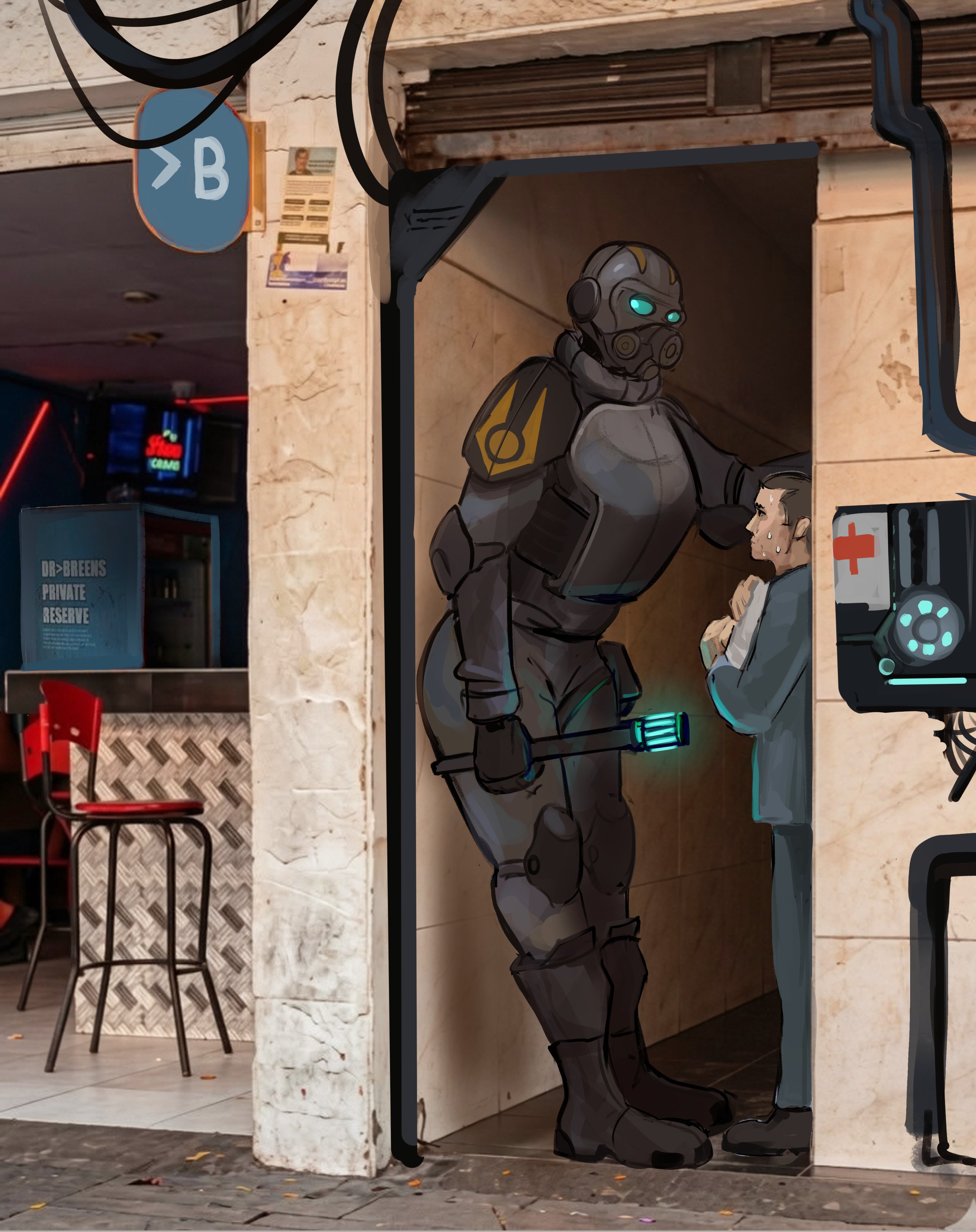1boy, 1girl, a chance encounter, alleyway milf (meme), bigger female, citizen (half-life 2), combine (half-life series), combine soldier (half-life series), half-life (series), half-life 2, ony01, sfw, smaller male, smaller male larger female, tagme
