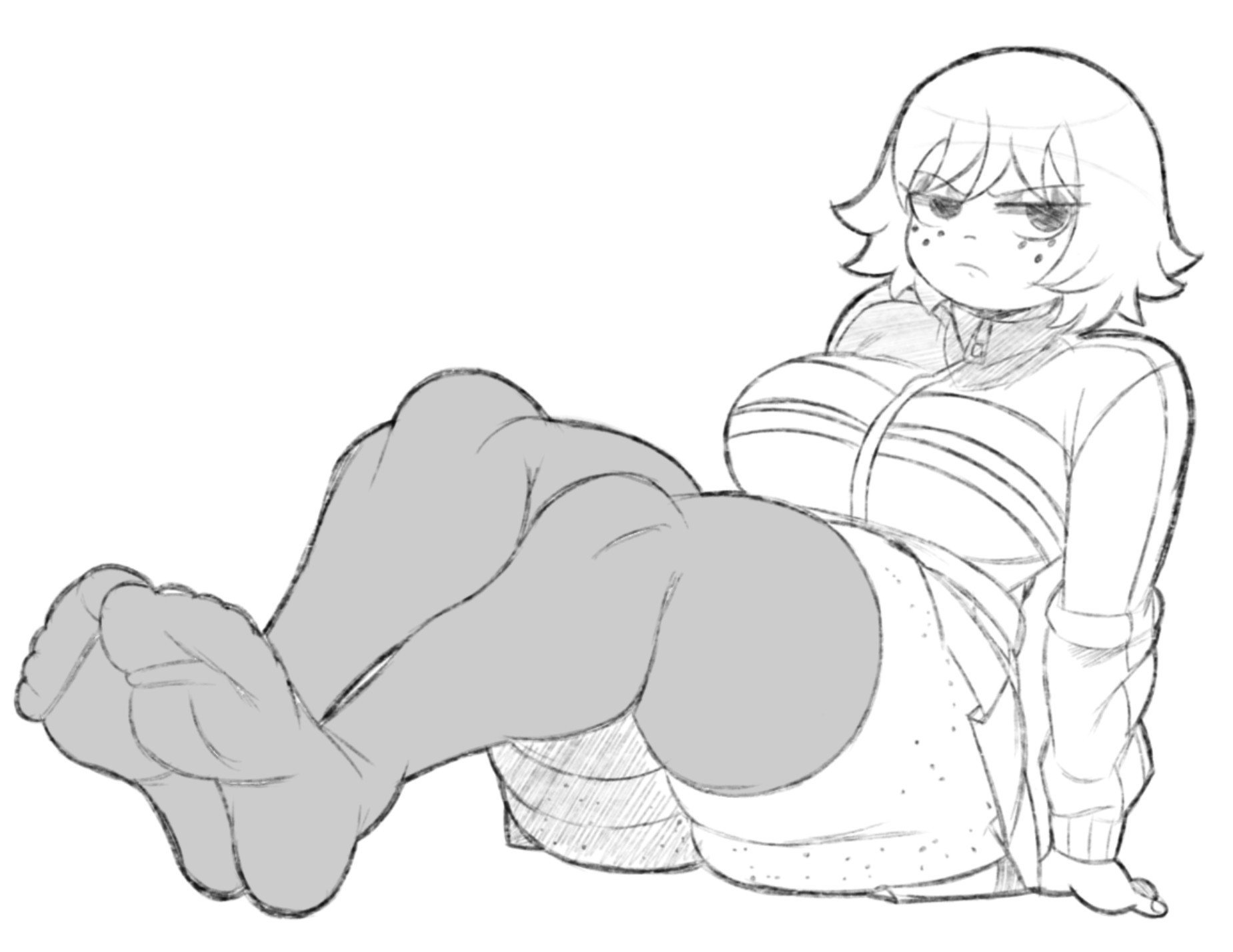 1girls, annoyed expression, annoyed face, ass, fat ass, feet, female, freckles, freckles on ass, glaring, jacket, kim pine, scott pilgrim, sitting, skirt, thighhighs, valerie skg