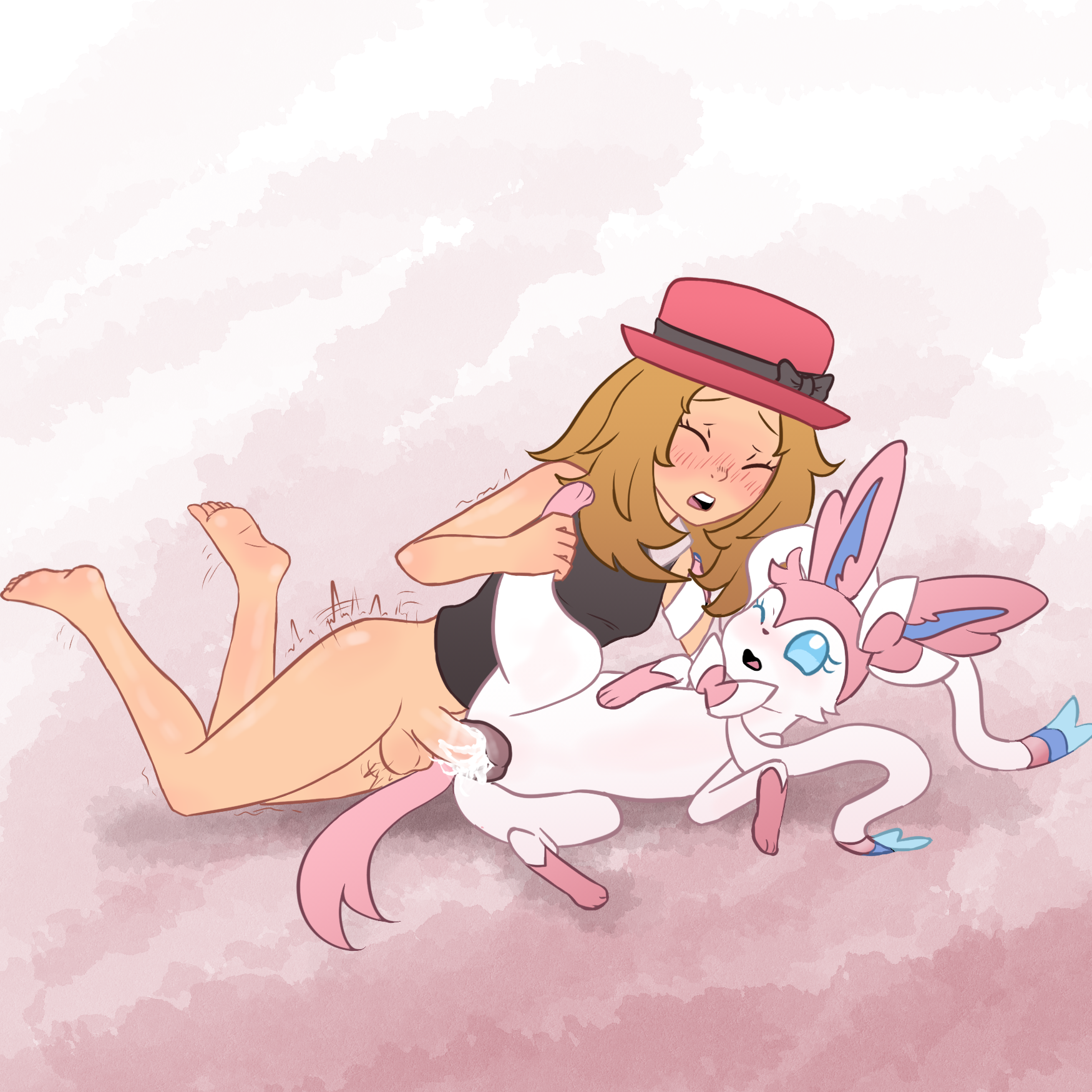 1futa, 1girls, alternate version available, bklo, bklocom, canine pussy, canine vulva, cum, cum in pussy, cum inside, feral, feral penetrated, futa on feral, futanari, grabbing, grabbing legs, half-dressed, lying, lying on side, pokemon, pokemon (species), pokephilia, serena (pokemon), sylveon, teenage girl, teenager, vagina, vaginal, vaginal fluids, vaginal penetration