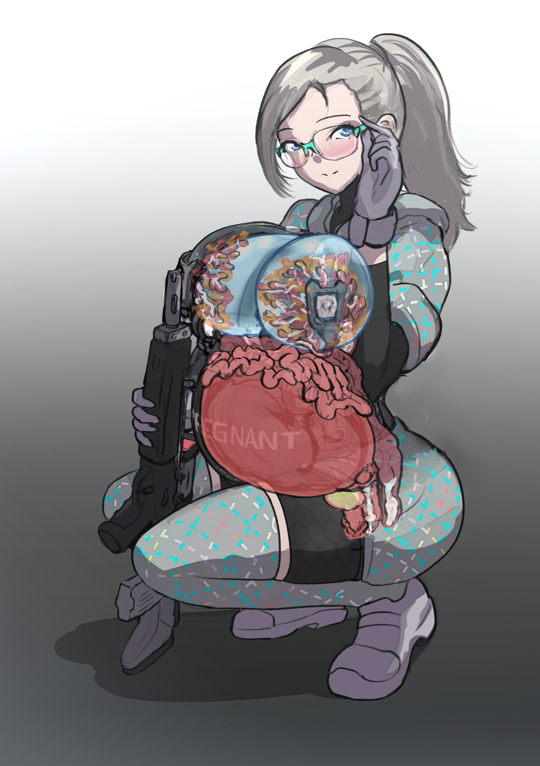 1girls, blonde hair, blue eyes, blush, clothing, crouching, crouching female, cum, cum in ass, cum in intestines, cum in pussy, cum inside, df kraken (artist), fallopian tubes, female, female combatant, female soldier, fetus, glasses, grey legwear, grey thighhighs, gun, in utero, internal organs, intestines, long hair, ovaries, pregnant, ready to pop, spread legs, thighhighs, umbilical cord, uterus, x-ray