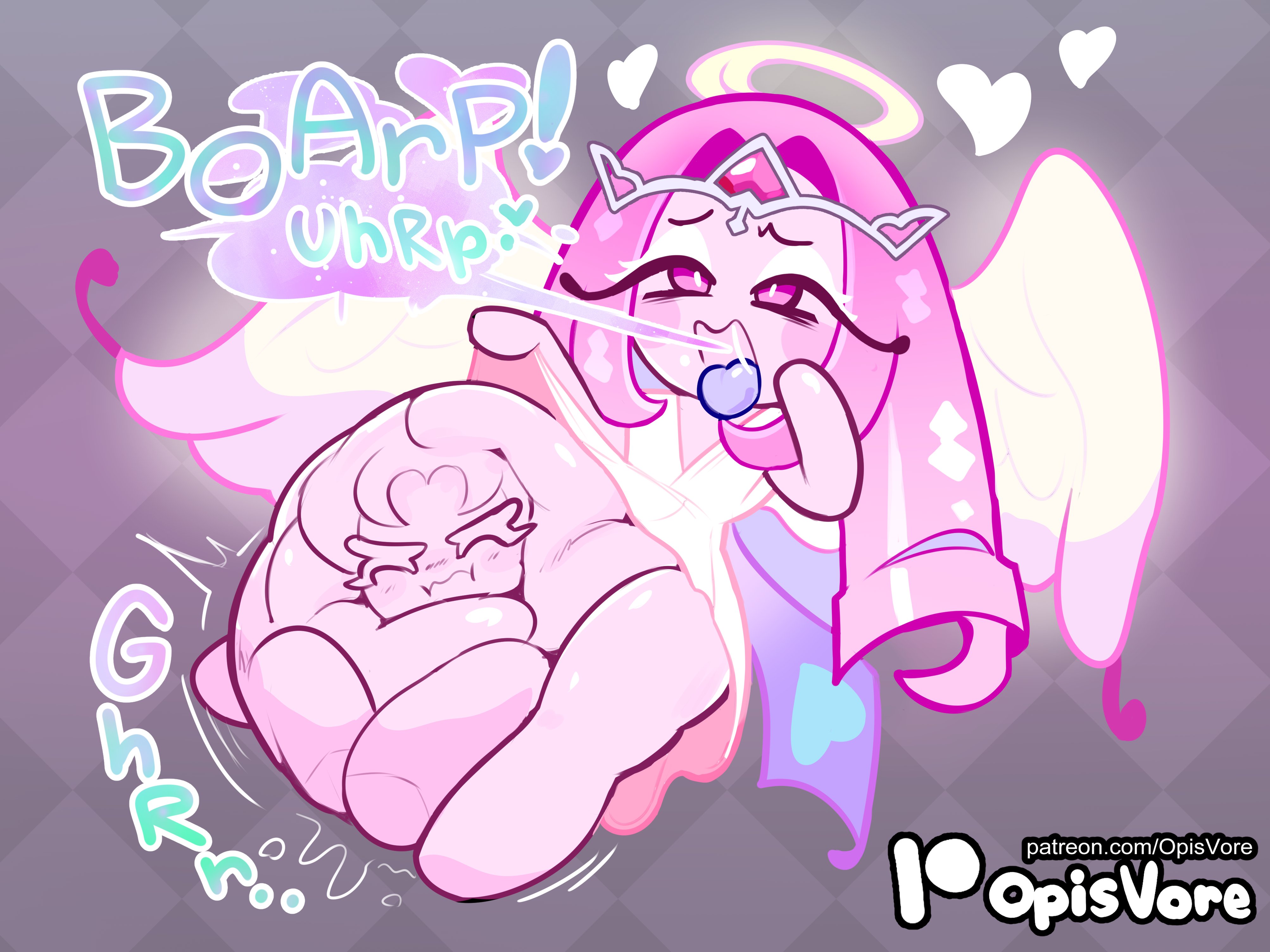 2girls, ambiguous consent, angel, angel wings, artist name, bad end, betrayal, burp, burp cloud, burp fetish, burping, compressed, compression, cookie, cookie run, cookie run kingdom, demon, demon tail, demon wings, devil, dubious consent, eternal sugar cookie, eyeshadow, f/f, female pred, female prey, gurgling, gurgling belly, gurgling noise, halo, headgear, headwear, hearts, hearts around head, hollyberry cookie, imminent digestion, implied vore, lifting, lifting dress, lifting leg, long eyelashes, looking up, opis, opisvore, pink body, pink eyes, pink hair, prey bulge, prey outline, prey shaped bulge, purple tongue, tight, tight fit, username, vore, vore belly, white dress, wings