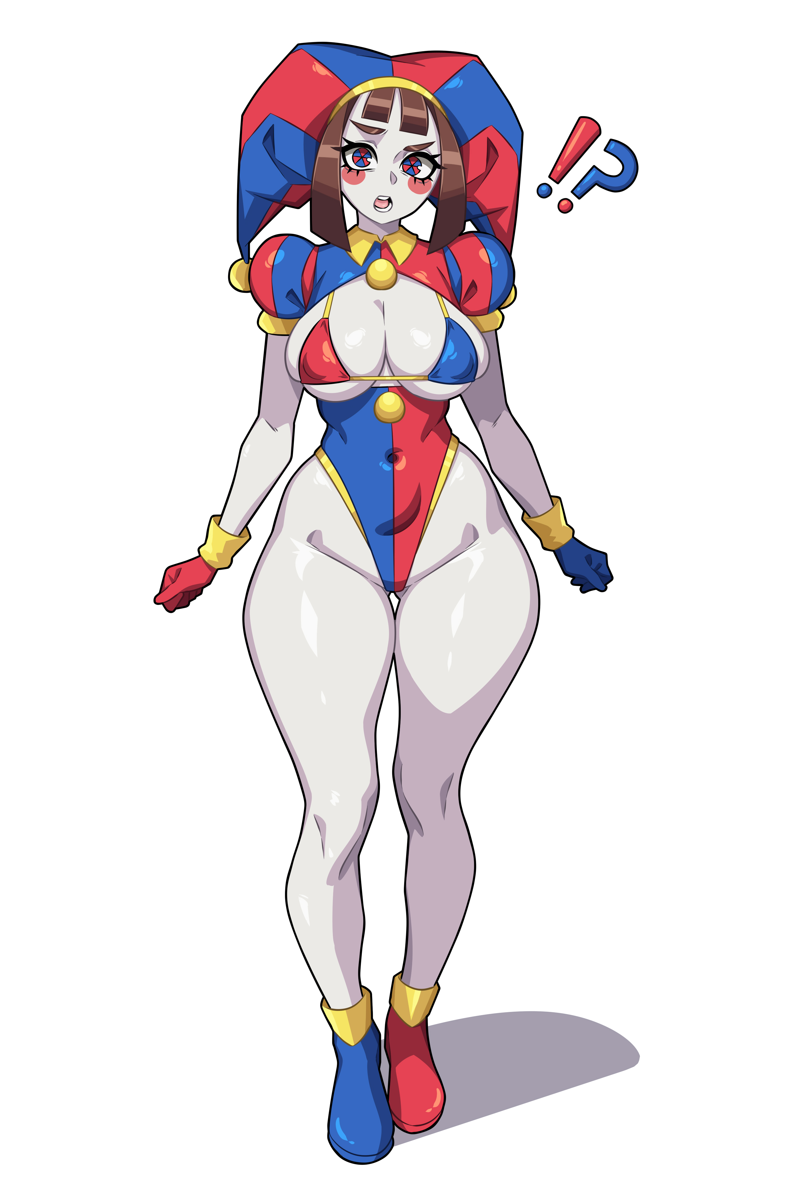1girl, 2026, 2d, 2d (artwork), 2d artwork, alternate costume, big boobs, big breasts, big thighs, bikini, bikini top, blue eyes, breasts, brown hair, cute, digital circus, fanart, female, female focus, female only, focus, fortnite, full body, glitch productions, huge breasts, huge thighs, illustration, jester, jester outfit, large breasts, large thighs, looking at viewer, only, only female, pomni, pomni (tadc), pomni (the amazing digital circus), potatoartox, red eyes, short hair, simple background, solo, solo female, solo focus, the amazing digital circus, thick, thick legs, thick thighs, thigh highs