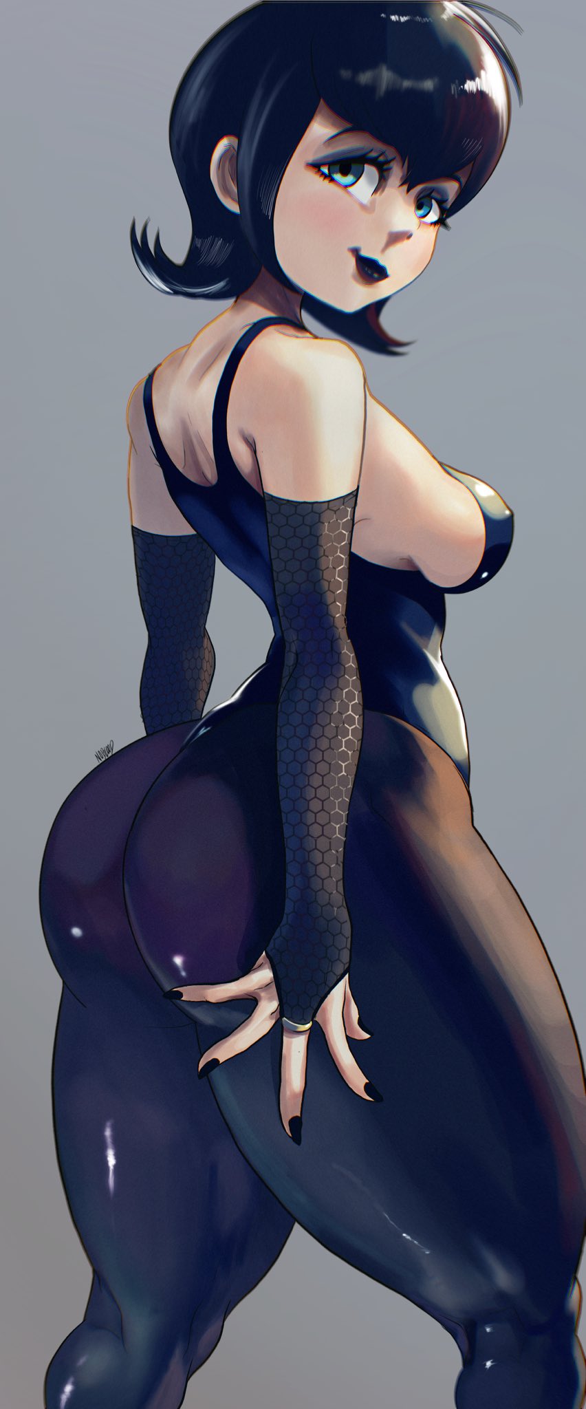 1girls, 2020, armwear, ass, black hair, black lipstick, black nails, blue eyes, breasts, curvaceous, eyeshadow, female, female focus, female only, fingernails, goth, grey background, highres, hotel transylvania, leotard, looking back, mavis dracula, medium hair, nail polish, noblood, painted fingernails, painted nails, pantyhose, round ass, short hair, side view, sideboob, small breasts, solo, solo female, thick thighs, thighs, thin waist, vampire