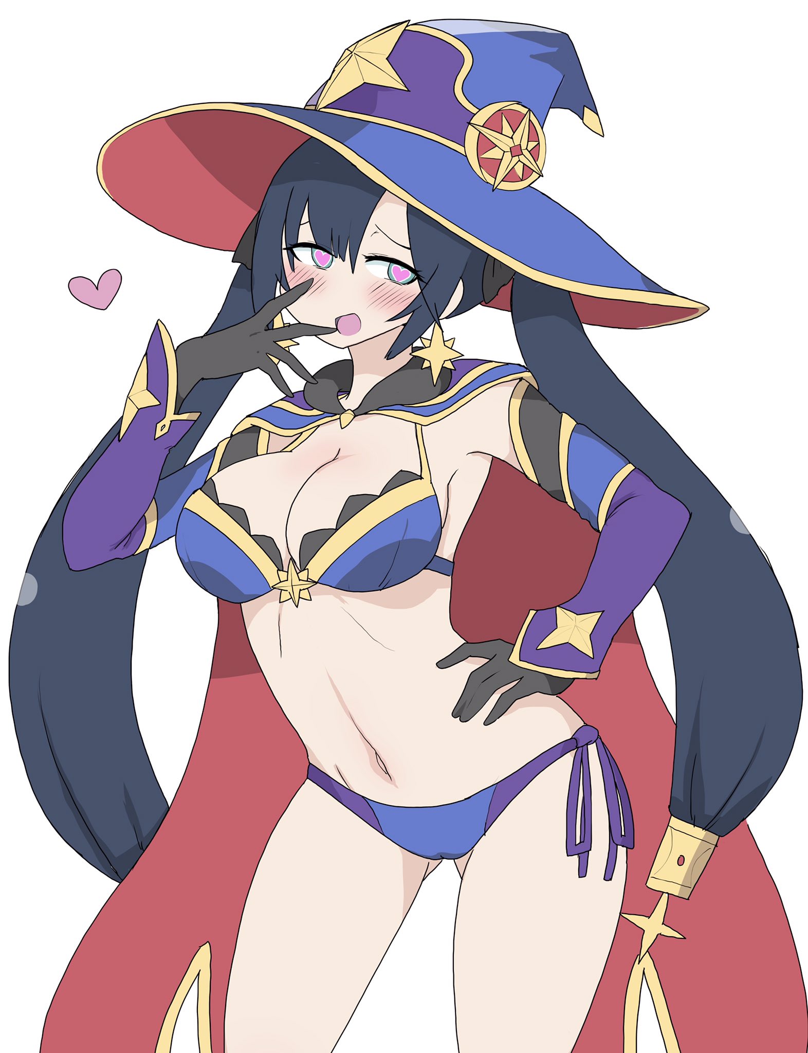 1girls, armwear, ass visible through thighs, bikini, black hair, blush, breasts, cape, ear piercing, female, genshin impact, gloves, hand on hip, hat, heart eyes, long hair, mona (genshin impact), open mouth, solo, twintails, white background, white skin, white-stew, witch hat