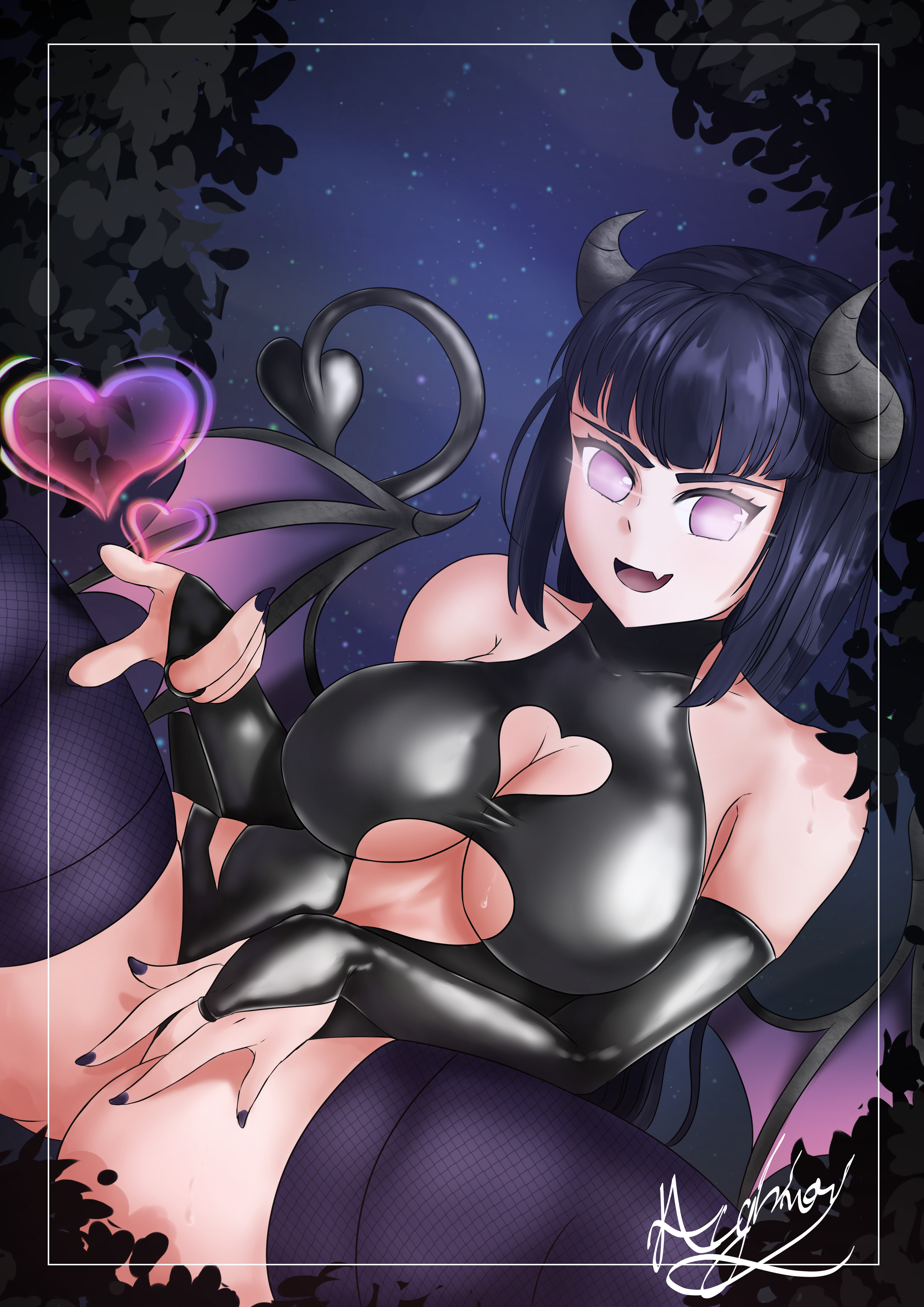 1girls, big breasts, blue hair, boruto: naruto next generations, breasts, demon, demon girl, demon horns, demon tail, demon wings, female, gloves, glowing eyes, heart, hyuuga hinata, inou (artist), latex, latex gloves, latex suit, leotard, looking at viewer, naruto, naruto (series), succubus, sweat, thick thighs, thighhighs, uzumaki hinata