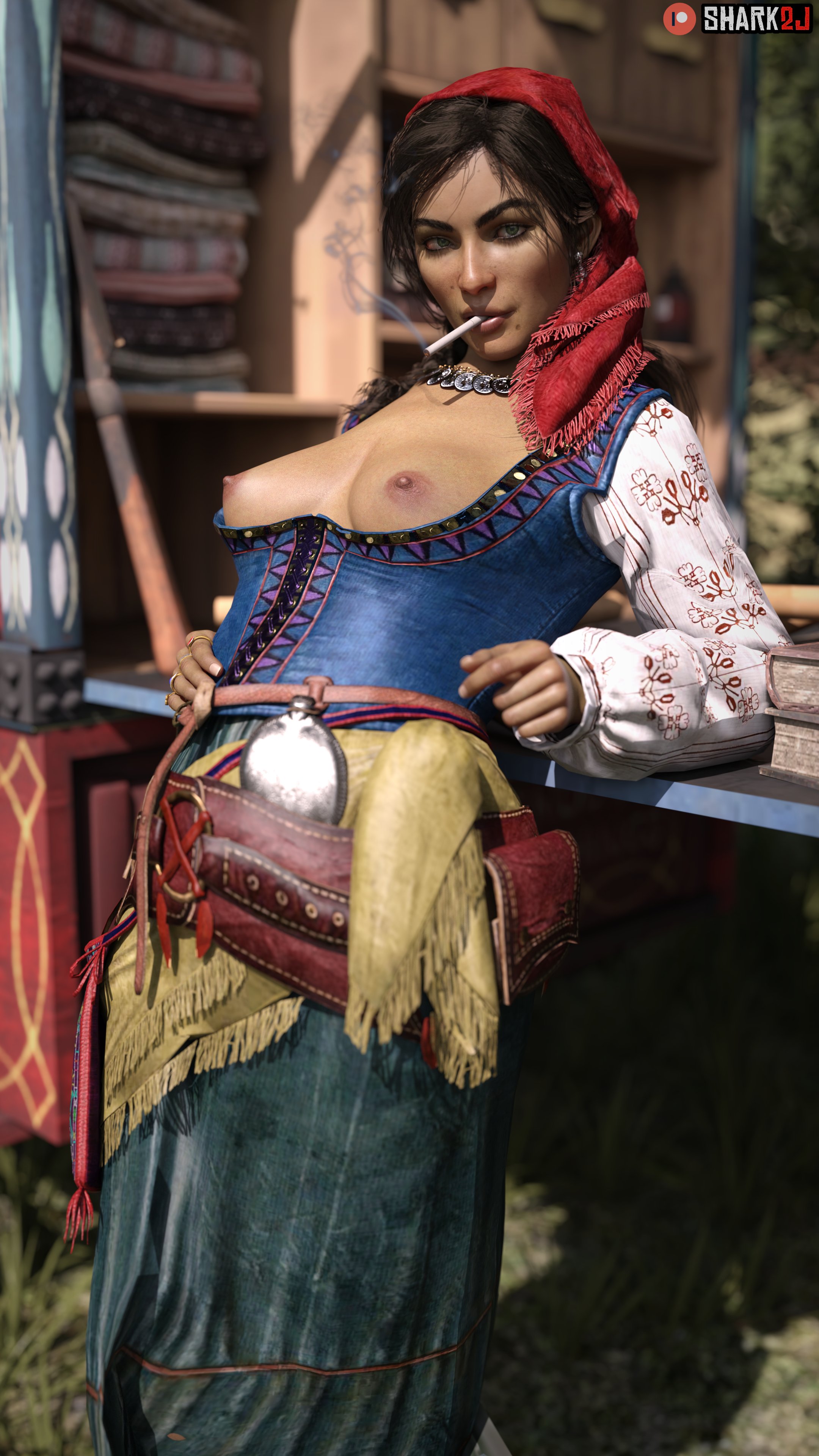 1girls, 3d, beauty mark, breasts, cigarette, corset, dark skin, dark-skinned female, dress, duplicate, female, green eyes, madam nazar, nipples, red dead online, red dead redemption (series), red dead redemption 2, shark2j, smoking, solo