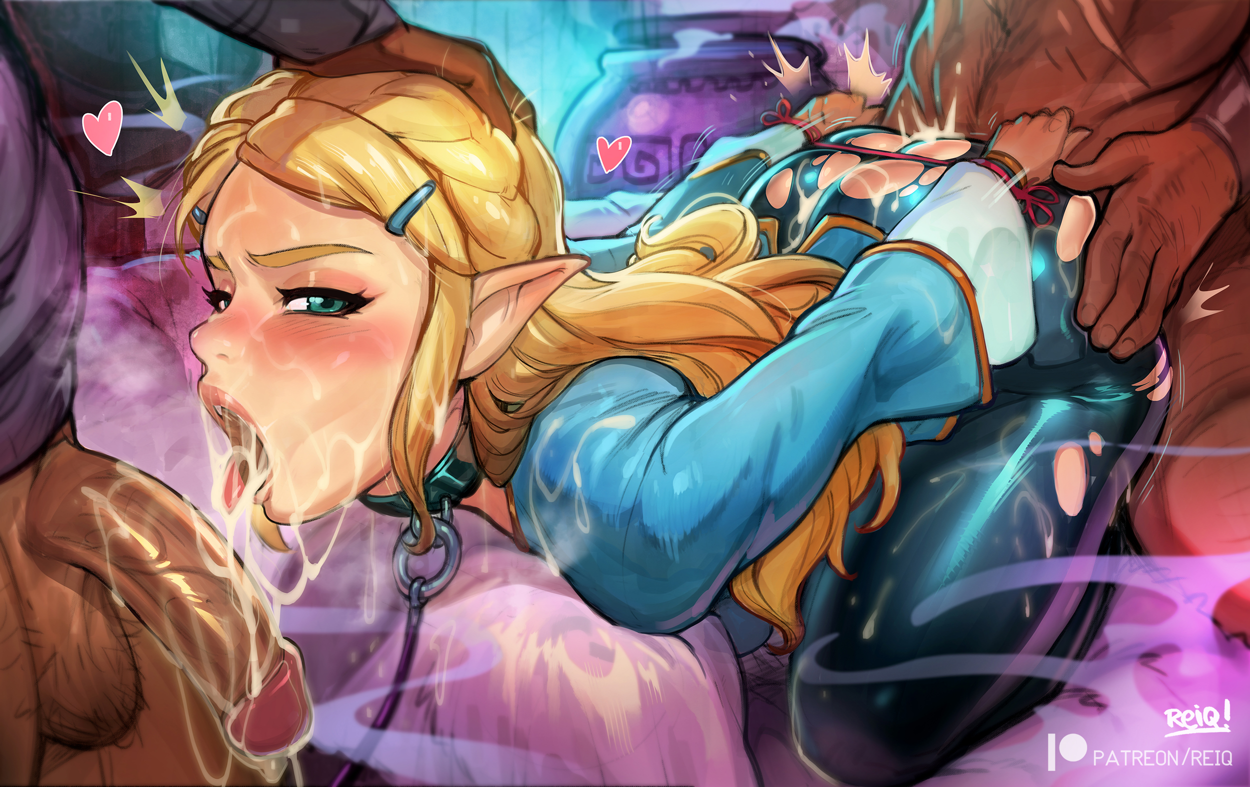 1girls, 2boys, after fellatio, after sex, ambiguous penetration, arms tied, arms tied behind back, aroused, ass, ass slap, bad end, balls, big breasts, big penis, bimbo, blonde hair, blue eyes, blush, bondage, bound wrists, breasts, breath of the wild, broken rape victim, captured, captured heroine, clapping cheeks, clothed sex, collar, corruption, cum, cum in mouth, cum inside, cum on face, dark skin, dark-skinned male, doggy style, double penetration, elf, elf ears, elf female, enslaved royal, facial, fellatio, female, fit, fit female, hairclip, hand on another's head, hand on head, hands behind back, human, human on humanoid, humanoid, hylian, interracial, interspecies, leash, light skin, light-skinned female, long hair, looking pleasured, male, male human/female elf, male human/female humanoid, mind break, nintendo, open mouth, oral, penis, pleasure rape, plump ass, pointy ears, princess zelda, pussy, rape, reiq, restrained, restraints, sex, sex from behind, sex slave, slapping ass, slapping butt, spitroast, straight, the legend of zelda, thick thighs, threesome, thrusting, tongue, tongue out, torn clothes, torn clothing, torn legwear, torn pants, vaginal penetration, variant, zelda (breath of the wild)