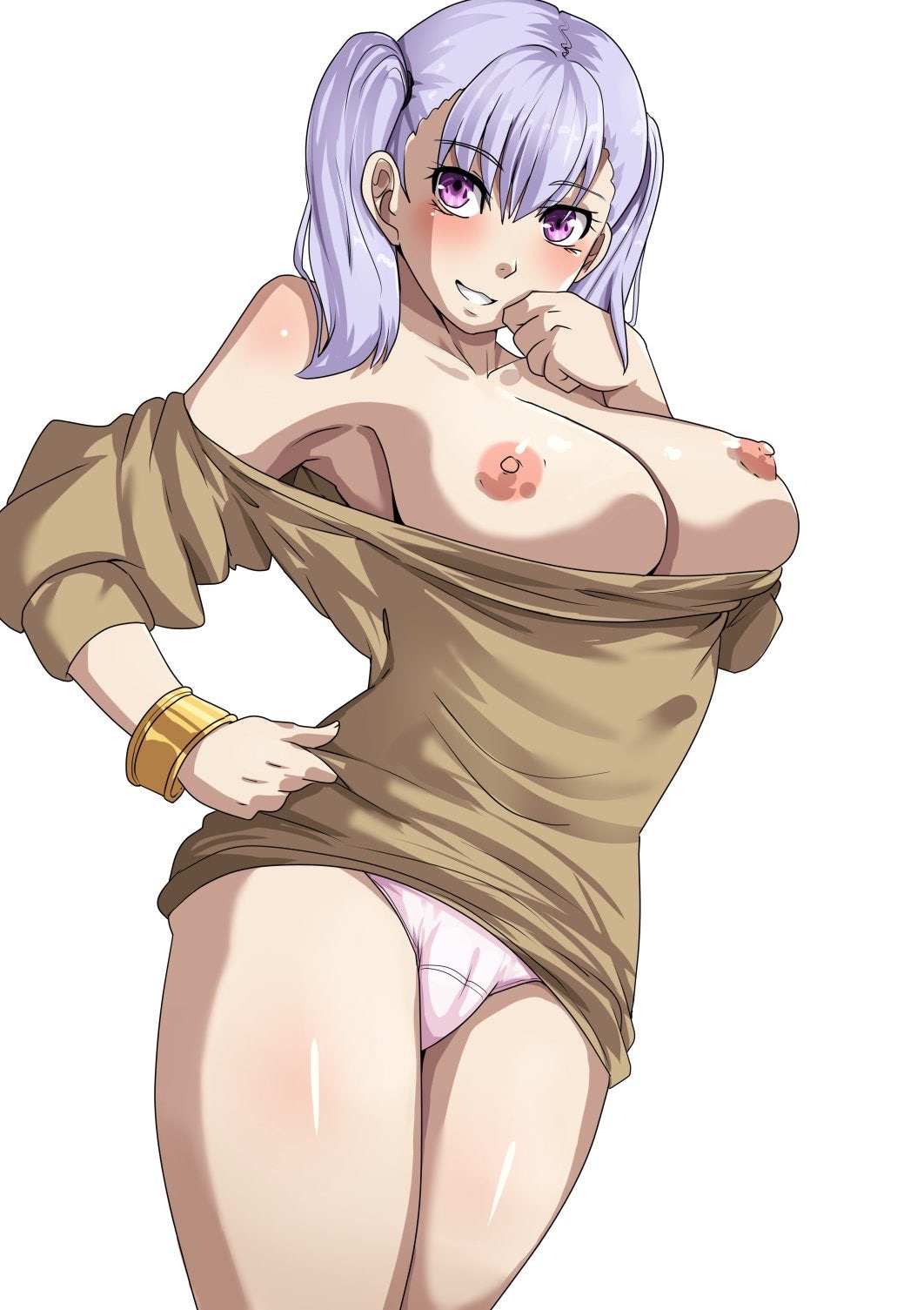 1girls, areolae, baggy clothing, bare shoulders, black clover, blush, bottomless, breasts, breasts out, erect nipples, female, female only, grin, hand on face, hourglass figure, large breasts, long hair, looking away, looking to the side, nico-mo, nipples, no bra, noelle silva, oversized clothes, oversized shirt, panties, pink panties, plain background, presenting, presenting breasts, puffy pussy, purple eyes, pussy, shounen jump, silver hair, simple background, smile, smiling, solo, solo female, teeth, thick thighs, thighs, twintails, white background