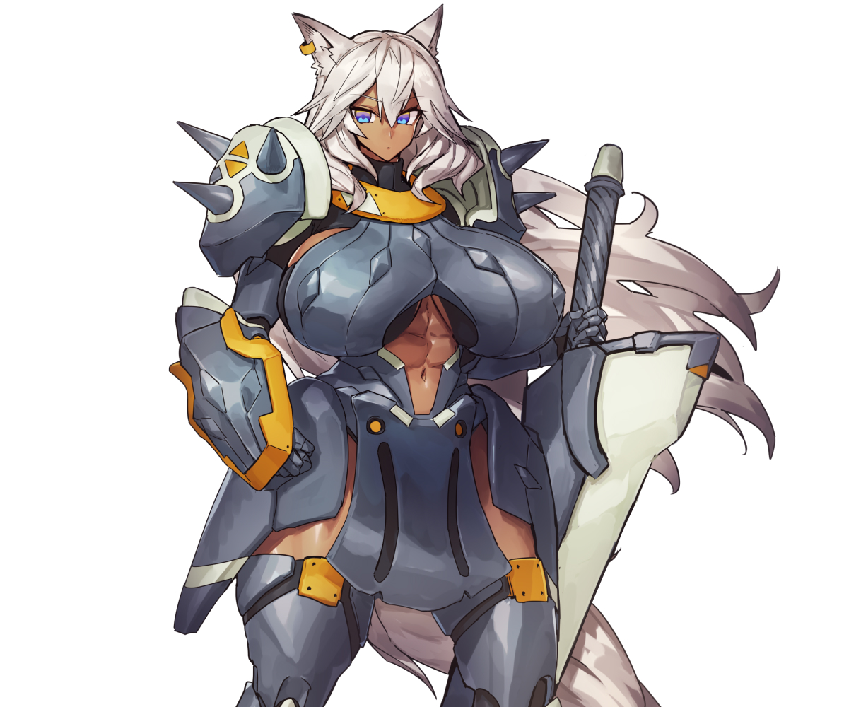 abs, animal ears, animal tail, armor, big breasts, blue eyes, breasts, curvy, dark skin, dark-skinned female, female, huge breasts, long hair, melon22, muscular, muscular female, original, original character, silver hair, thick thighs, thighhighs, weapon