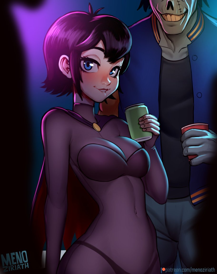 1boy, 1girls, biting lip, black hair, blue eyes, bodysuit, breasts, cleavage, clothing, exposed hips, exposed thong, faceless male, facing viewer, female, hip cleavage, hotel transylvania, humanoid, looking at viewer, male, mavis dracula, medium breasts, menoziriath, pale skin, public, short hair, skin tight, solo focus, transparent clothing, vampire, visible thong