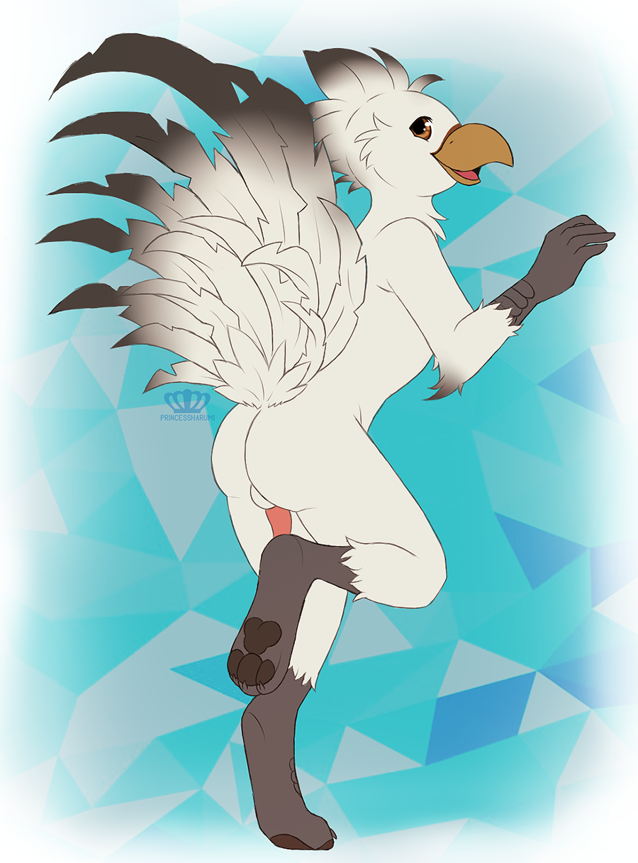 anthro ass avian balls beak bird chocobo feathers final_fantasy fletcher_quill genitals hi_res hindpaw male male_only nude open_beak open_mouth pawpads paws penis princessharumi smile solo square_enix standing tail_feathers video_games white_body white_feathers