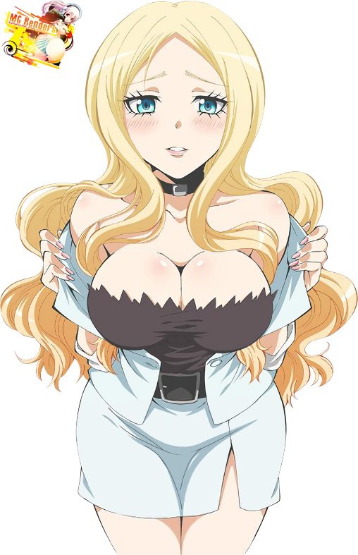 artist_logo assassination_classroom belt big_breasts blonde_hair blue_eyes blush choker cleavage clothed clothed_female irina_jelavic jacket_off_shoulders long_blonde_hair long_hair looking_at_viewer mg_renders removing_jacket skirt white_background