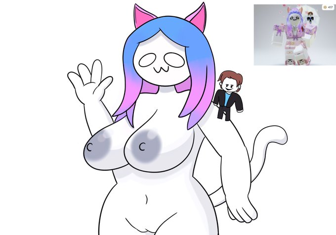 :3, 1girls, 2d, animal ears, animal tail, areolae, armpit, big areola, big breasts, blue hair, breasts, cat ears, cat girl, cat tail, catgirl, commission, female, female only, gradient hair, grey nipples, idontknow art, navel, nipples, no pupils, nude, nude female, pink hair, pussy, reference image, roblox, roblox avatar, simple background, solo, solo female, standing, stomach, waving, white background, white eyes, white skin, white tail
