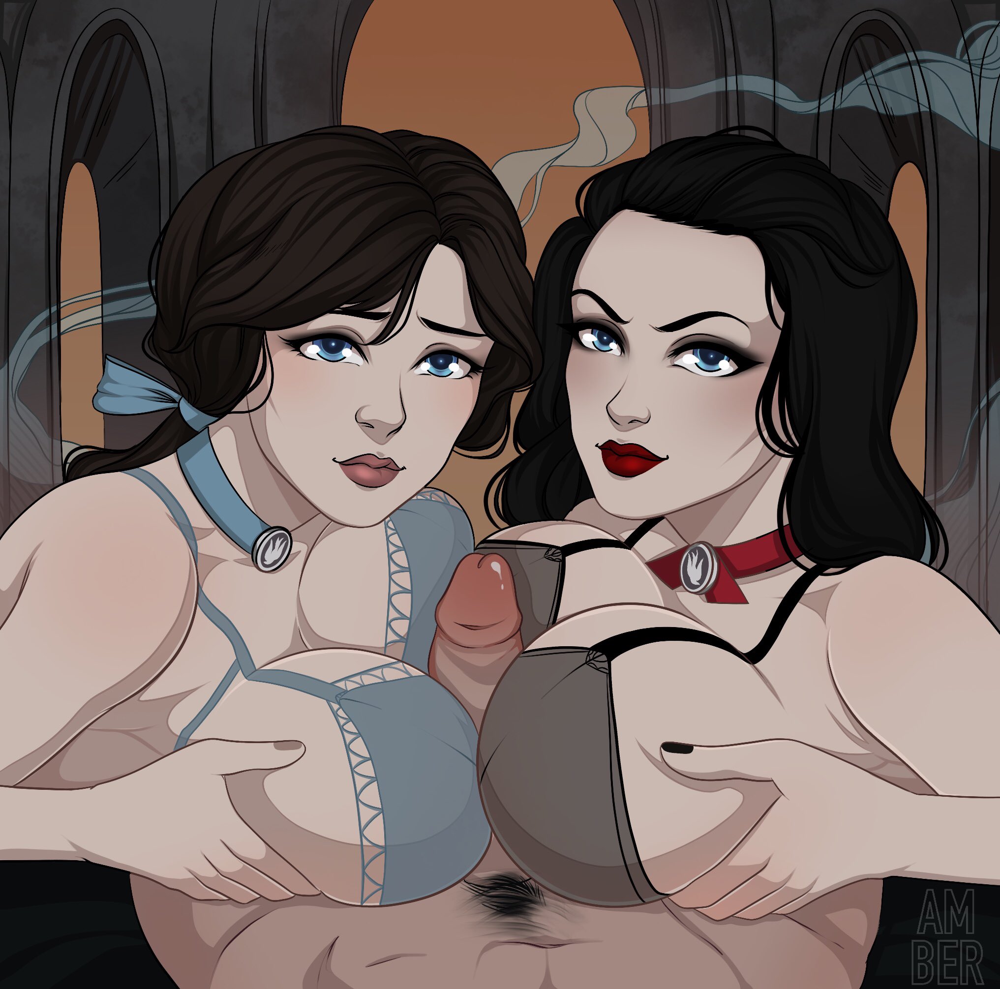 1boy, 2girls, ambertyanart, big breasts, bioshock, bioshock infinite, black hair, blue eyes, booker dewitt, bra, breasts, brown hair, burial at sea, choker, collaborative paizuri, double paizuri, elizabeth comstock, erect penis, erection, father and daughter, female, female focus, incest, large breasts, lingerie, long hair, makeup, male, male pov, nail polish, paizuri, penis, ponytail, pov, pubic hair, tagme, tied hair