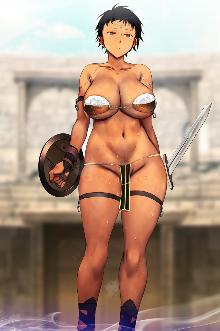 amagasahigasa bikini_armor breasts cleavage dark-skinned_female dark_skin female gladiatrix large_breasts outdoor short_hair skimpy_clothes sweat sweatdrop tomboy very_short_hair