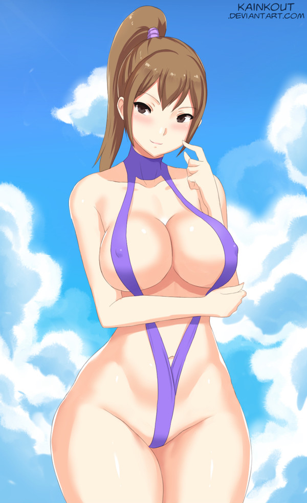 belly, belly button, big breasts, blush, breasts, brunette, curvy, cute, female, happy, kainkout, nipples, one-piece swimsuit, original, original character, ponytail, smile, swimsuit, thick, thick thighs, thin, thin waist
