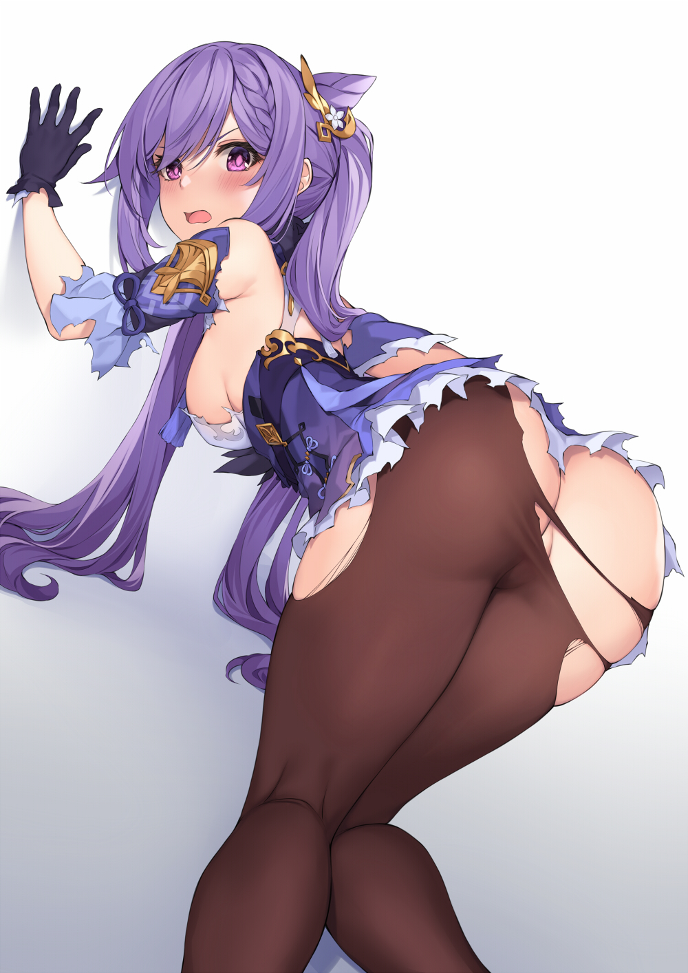 ass, big ass, blush, defeated, female, genshin impact, hair ornament, half naked, keqing (genshin impact), kneeling, light skin, looking at viewer, purple eyes, purple hair, ripped clothing, ripped pantyhose, skirt, thick thighs, toes, twintails