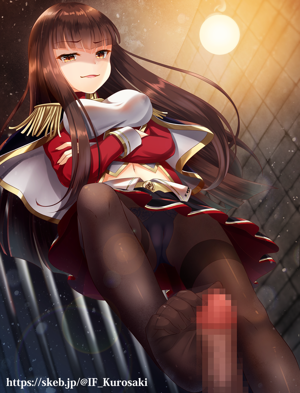 1girls akine_(kuroyuri) breasts brown_hair cameltoe capelet clothed_female clothed_female_nude_male commission covered_nipples crossed_arms epaulettes erection eyebrows_visible_through_hair female femdom footjob footjob_with_legwear highres kureha_(sound_voltex) large_breasts light male malesub midriff navel pantyhose penis pixelated skeb_commission smug sound_voltex standing standing_footjob tagme uniform