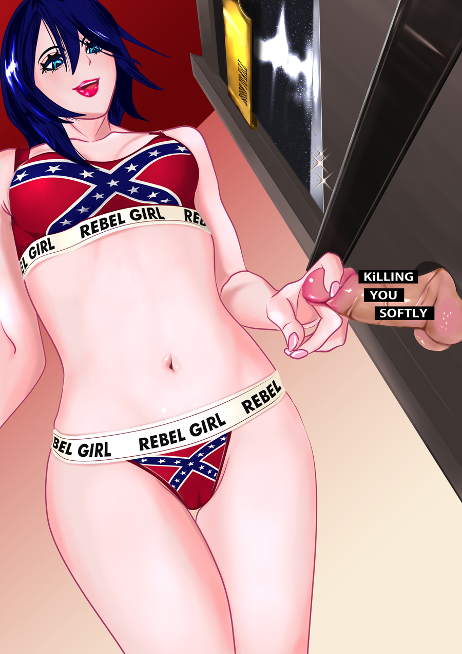 1boy 1girls blade blue_eyes boner boobs breasts castration_threat cock confederate_flag confederate_flag_bikini dialogue dick english_dialogue english_text erect_penis erection female femdom flag_bikini genitals guillotine hair_between_eyes hourglass_figure legs long_hair looking_at_penis male medium_breasts national_personification navel open_mouth penis racism racist red_lips small_penis takahiro_(artist) text thick_legs thick_thighs thighs tits unseen_male_face