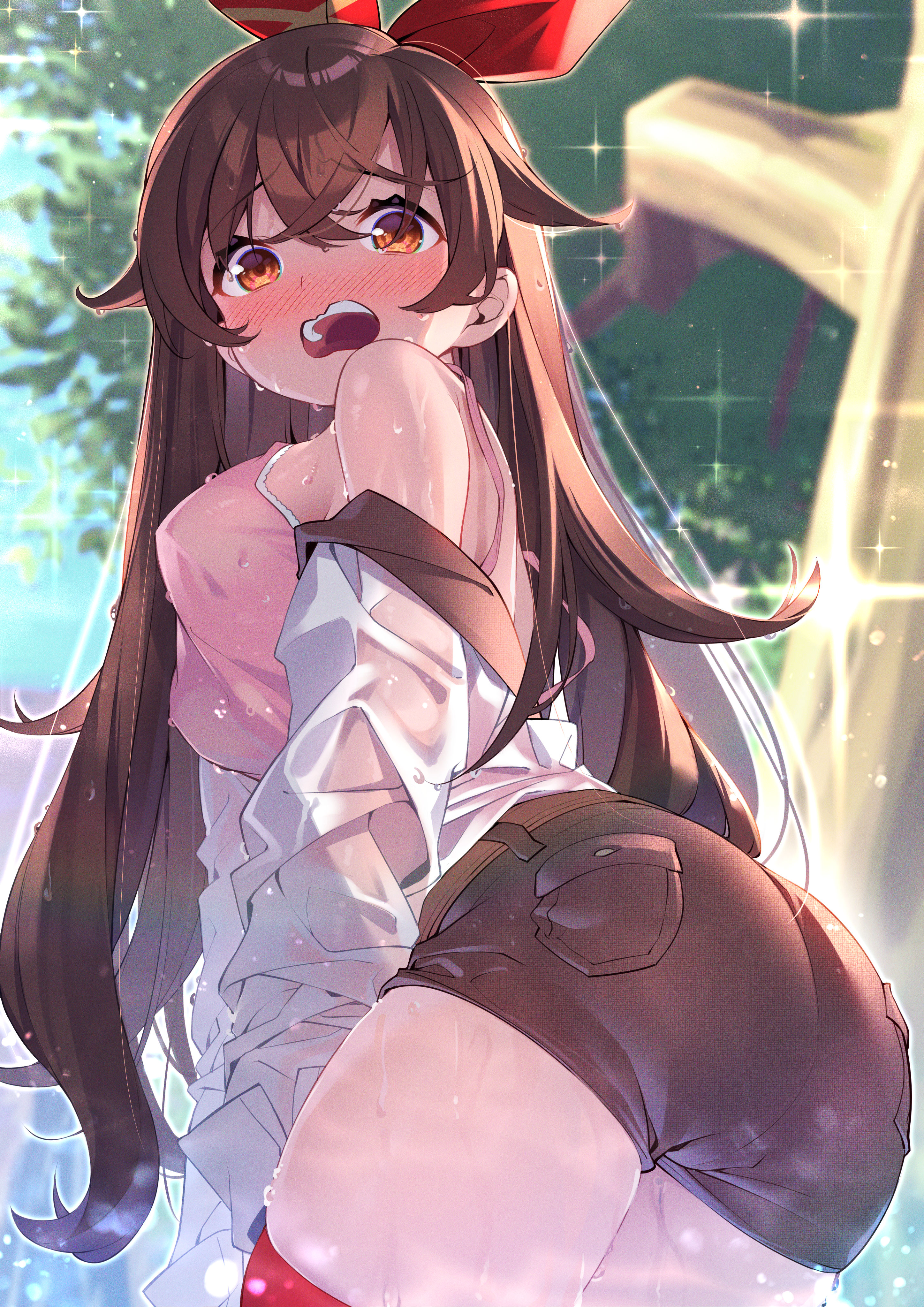 1girls, amber (genshin impact), artist request, ass, blush, breasts, brown hair, erect nipples, female, female only, genshin impact, looking at viewer, nipples, open mouth, see-through, shorts, tank top, thick thighs, thighhighs, thighs, undressing, wavy mouth, wet, wet clothes