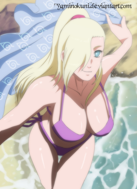1girls, beach, big breasts, bikini, blonde hair, blue eyes, breasts, cleavage, deviantart, female, female only, hair over one eye, holding object, ino yamanaka, konohagakure symbol, large breasts, long hair, looking at viewer, naruto, naruto (series), naruto shippuden, ocean, outdoors, sand, smile, solo, swimsuit, tied hair, towel, url, water, web address, yaminokuni