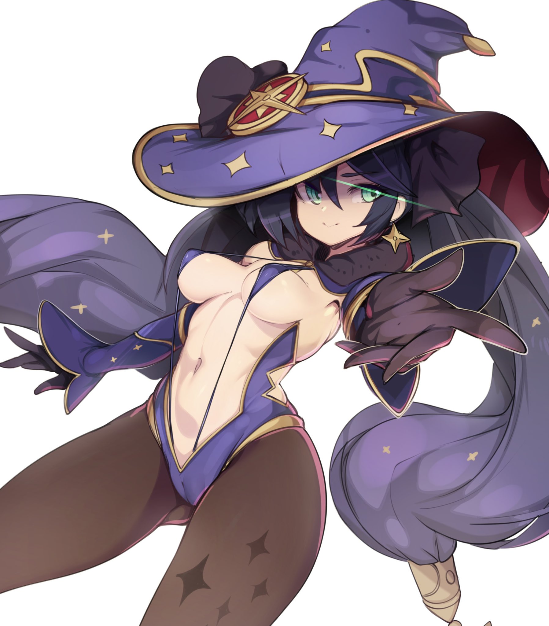 1girls, bikini, breasts, female, female only, genshin impact, looking at viewer, mona (genshin impact), pantyhose, sling bikini, slugbox, solo, witch hat
